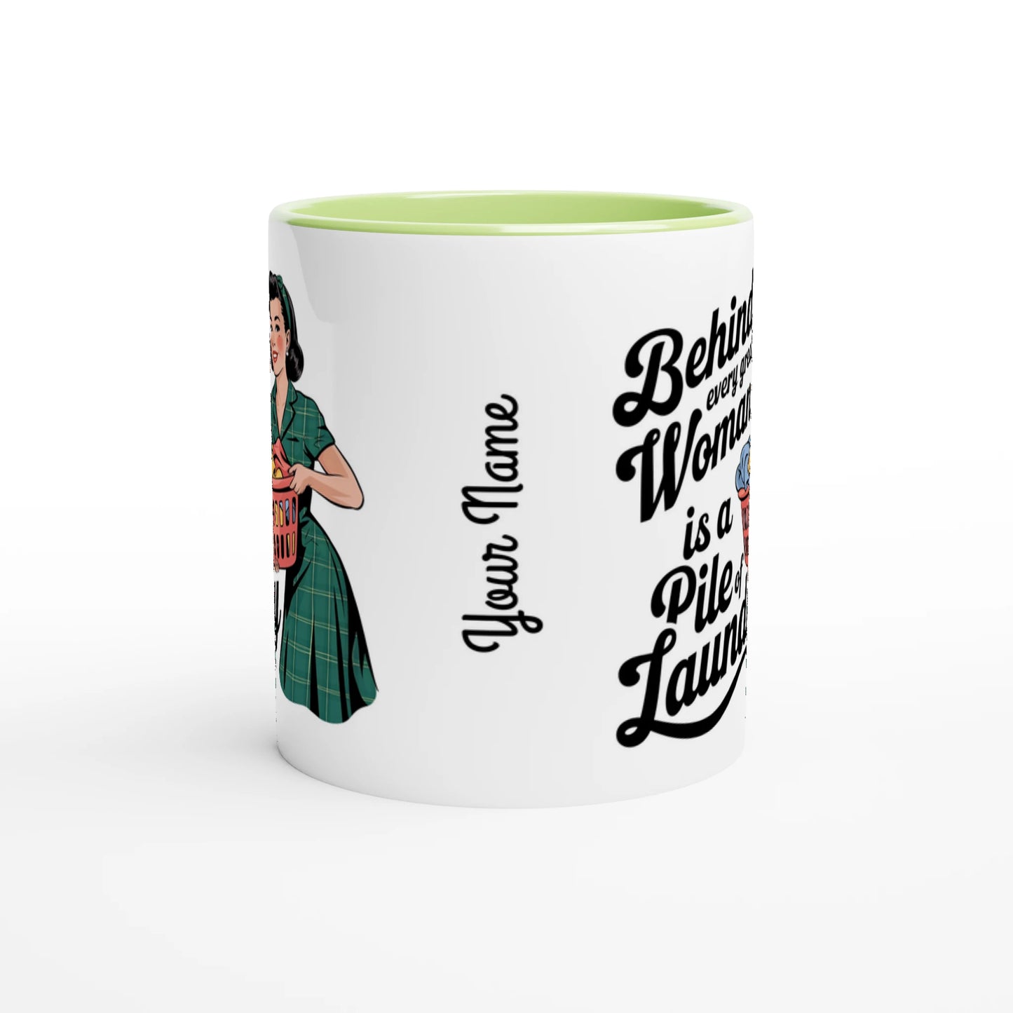 Behind Every Great Woman Is A Pile Of Laundry - Personalised 11oz Ceramic Mug , Retro Woman Sarcastic Vintage Housewife , 11oz Mug