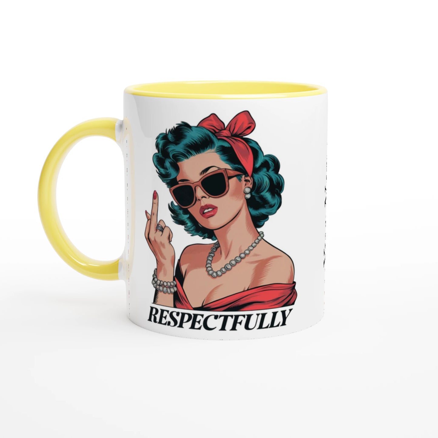 Respectfully, Retro Woman With Middle Finger - Personalised 11oz Ceramic Mug Ceramic Yellow , Retro Woman Sarcastic Vintage Housewife , 11oz Mug