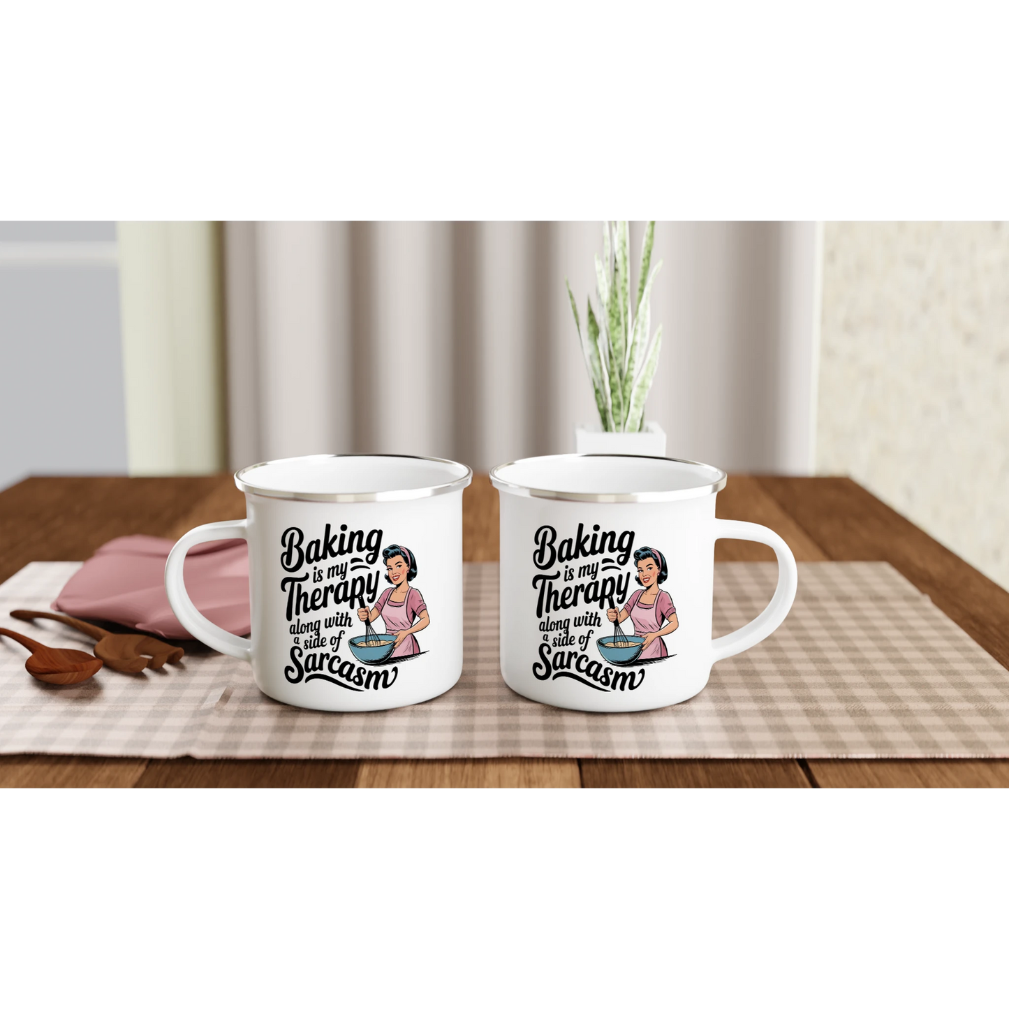 Baking Is My Therapy, Along With A Side Of Sarcasm - Personalised White 12oz Enamel Mug , Retro Woman Sarcastic Vintage Housewife , Enamel Mug