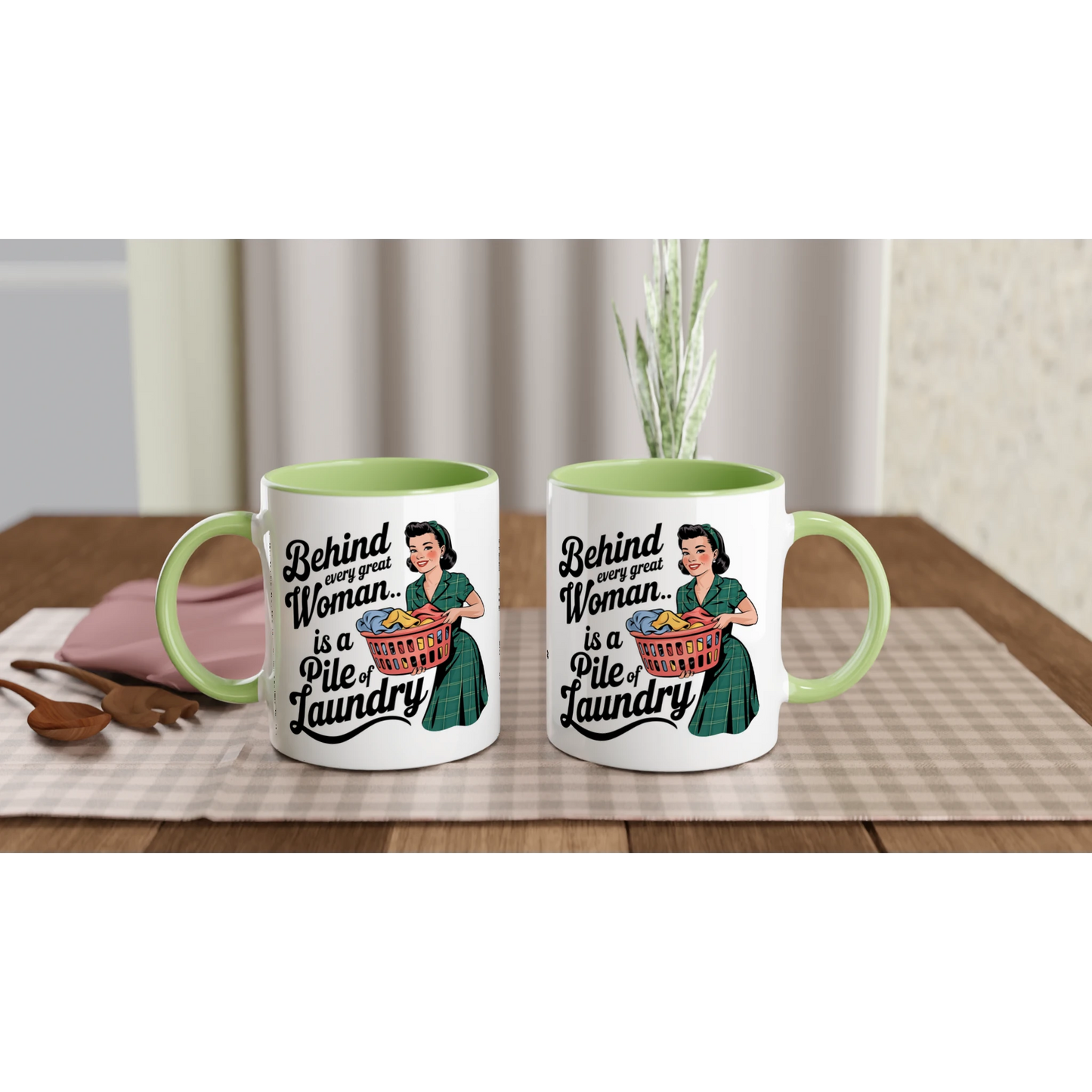 Behind Every Great Woman Is A Pile Of Laundry - Personalised 11oz Ceramic Mug , Retro Woman Sarcastic Vintage Housewife , 11oz Mug