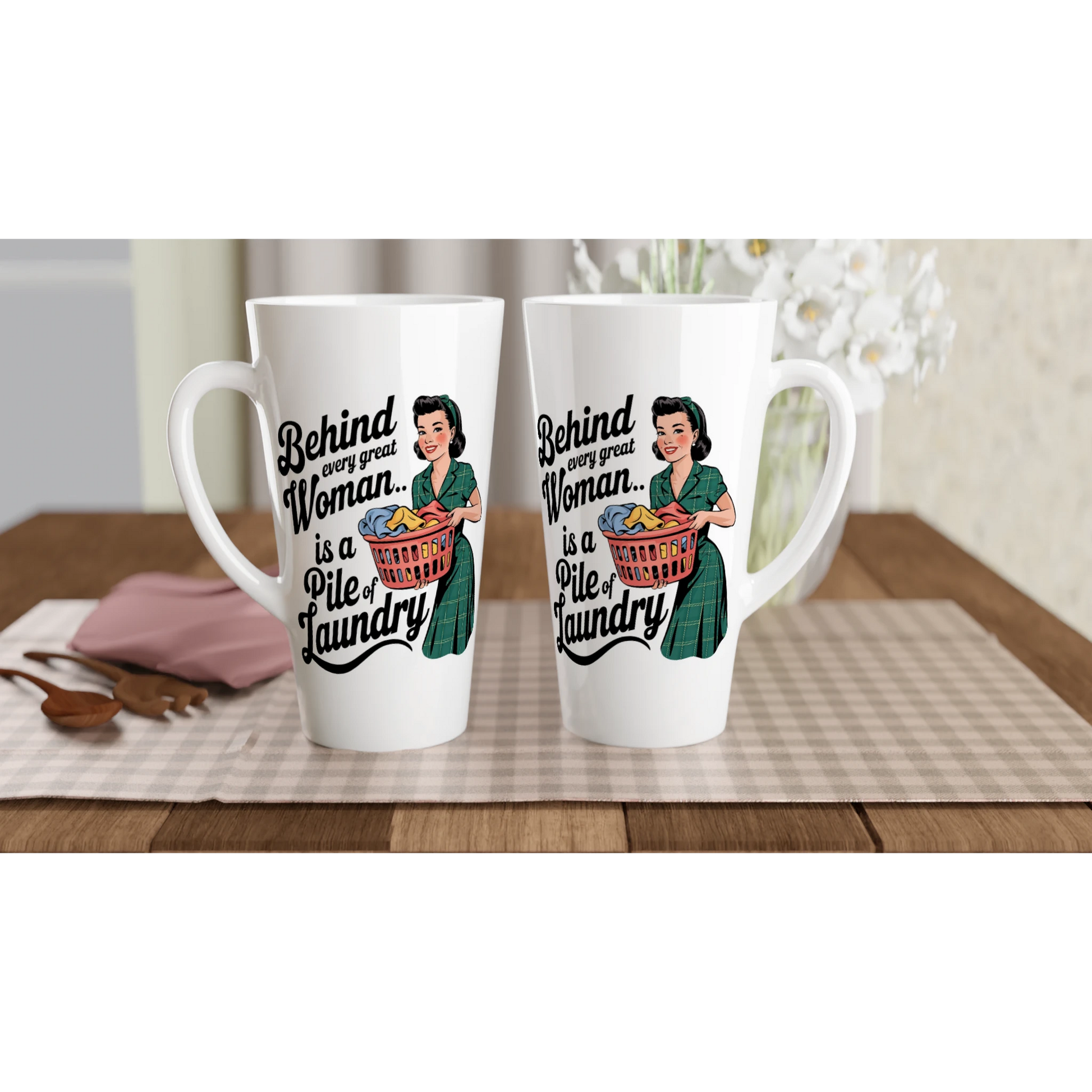 Behind Every Great Woman Is A Pile Of Laundry - Personalised White Latte 17oz Ceramic Mug , Retro Woman Sarcastic Vintage Housewife , Latte Mug