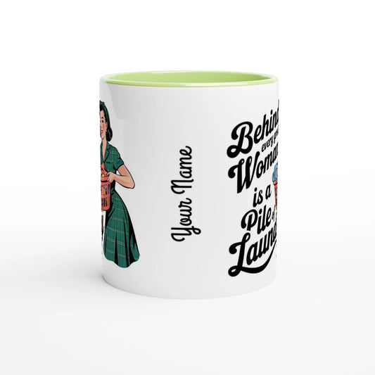 Behind Every Great Woman Is A Pile Of Laundry - Personalised 11oz Ceramic Mug , Retro Woman Sarcastic Vintage Housewife , 11oz Mug