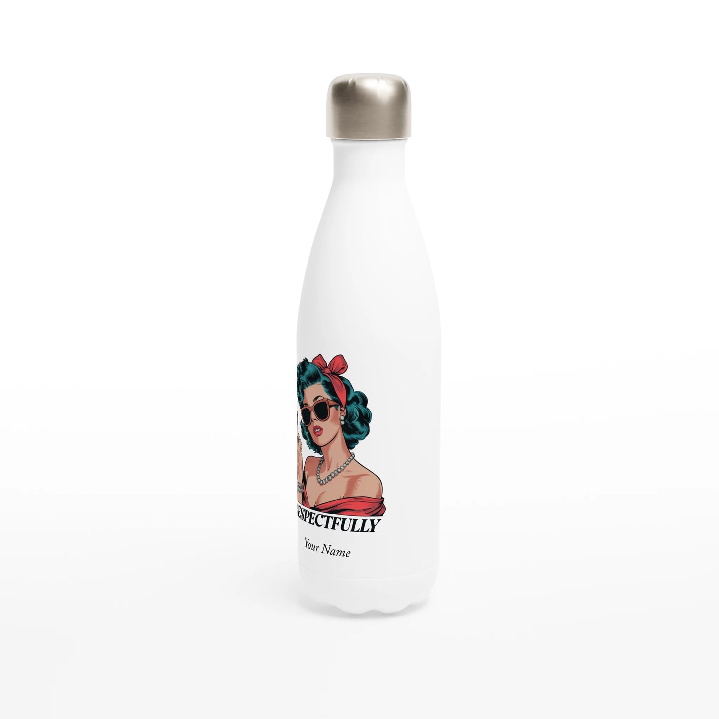 Respectfully, Retro Woman With Middle Finger - Personalised White 17oz Stainless Steel Water Bottle , Retro Woman Sarcastic Vintage Housewife , Water Bottle