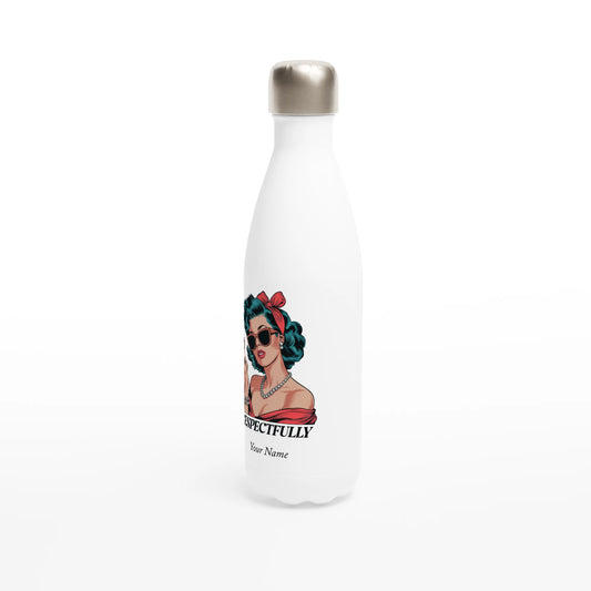 Respectfully, Retro Woman With Middle Finger - Personalised White 17oz Stainless Steel Water Bottle , Retro Woman Sarcastic Vintage Housewife , Water Bottle