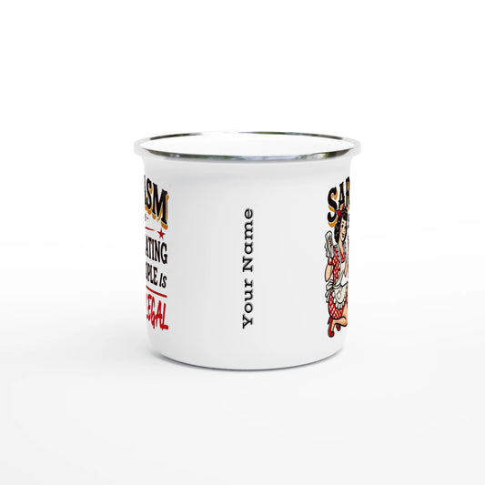 Sarcasm, Because Beating People Is Wrong - Personalised White 12oz Enamel Mug , Retro Woman Sarcastic Vintage Housewife , Enamel Mug