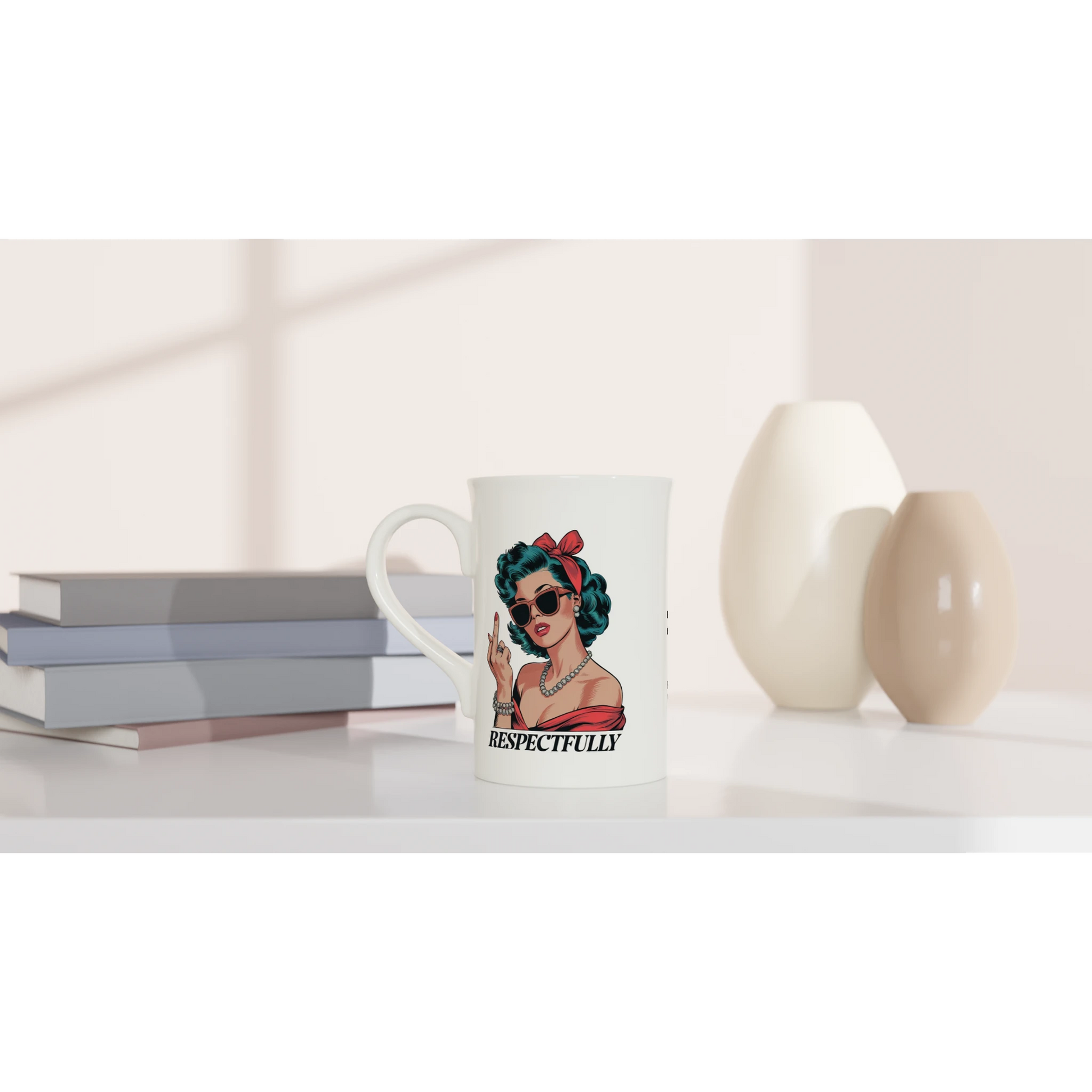 Respectfully, Retro Woman With Middle Finger - Personalised White 10oz Porcelain Slim Mug , Retro Woman Sarcastic Vintage Housewife , Porcelain Mug