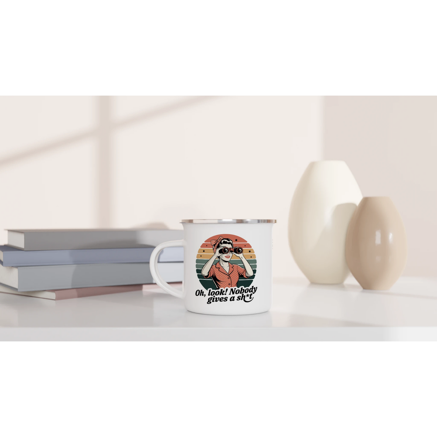Oh Look, Nobody Gives A - Personalised White 12oz Enamel Mug , Retro Woman Sarcastic Vintage Housewife , Enamel Mug