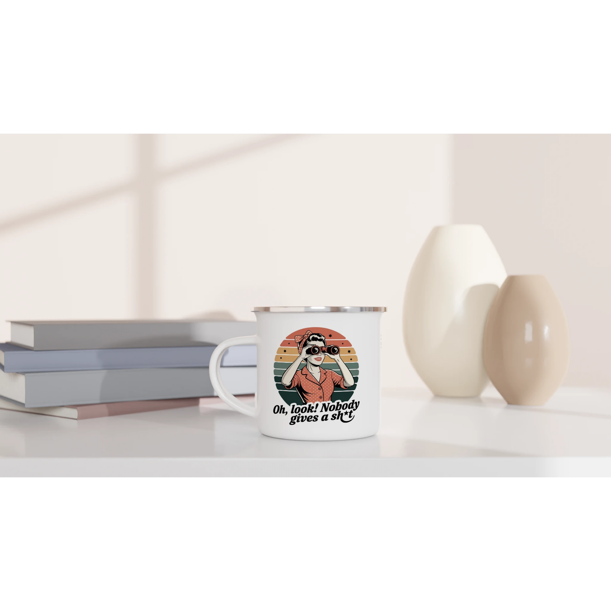 Oh Look, Nobody Gives A - Personalised White 12oz Enamel Mug , Retro Woman Sarcastic Vintage Housewife , Enamel Mug