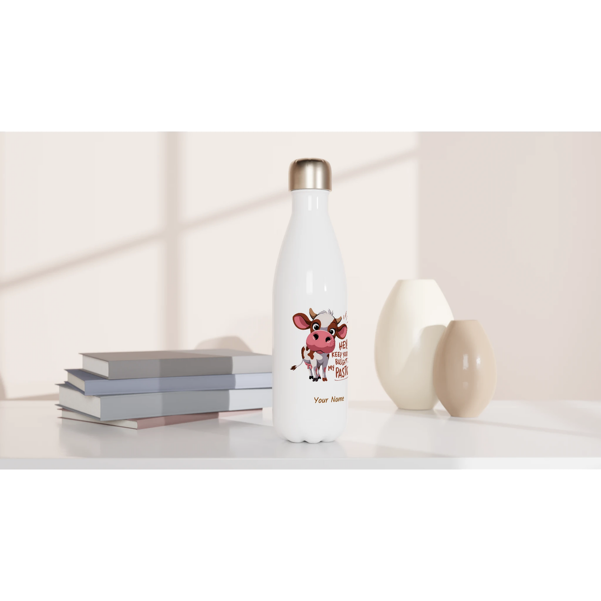 Hey, Keep Your Bull Off My Pasture - Personalised White 17oz Stainless Steel Water Bottle , Animal Sarcastic , Water Bottle