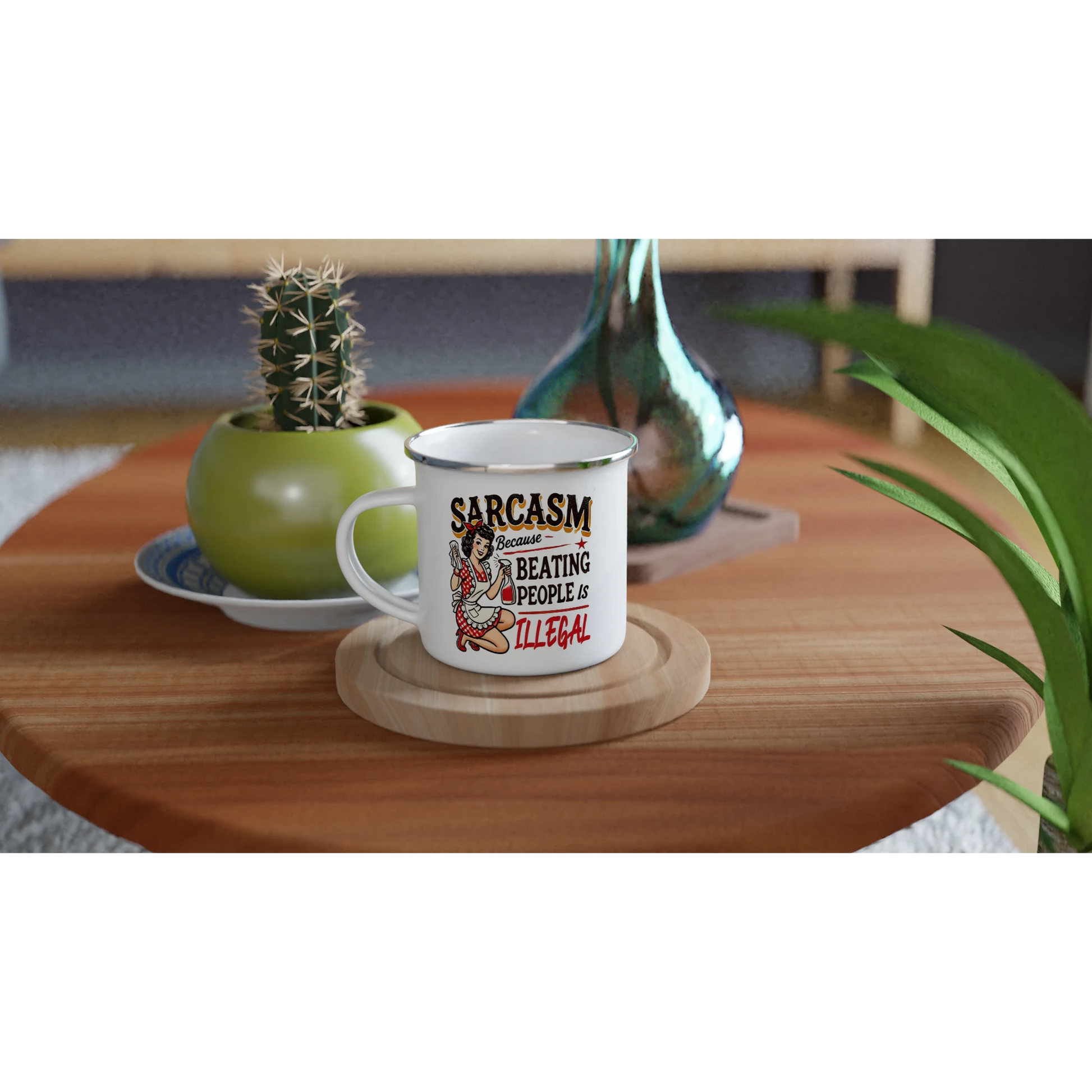 Sarcasm, Because Beating People Is Wrong - Personalised White 12oz Enamel Mug , Retro Woman Sarcastic Vintage Housewife , Enamel Mug