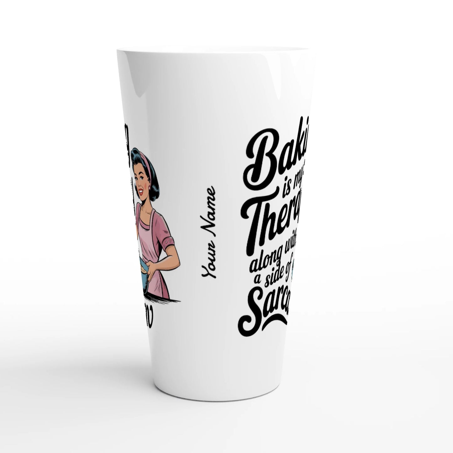 Baking Is My Therapy, Along With A Side Of Sarcasm - Personalised White Latte 17oz Ceramic Mug , Retro Woman Sarcastic Vintage Housewife , Latte Mug