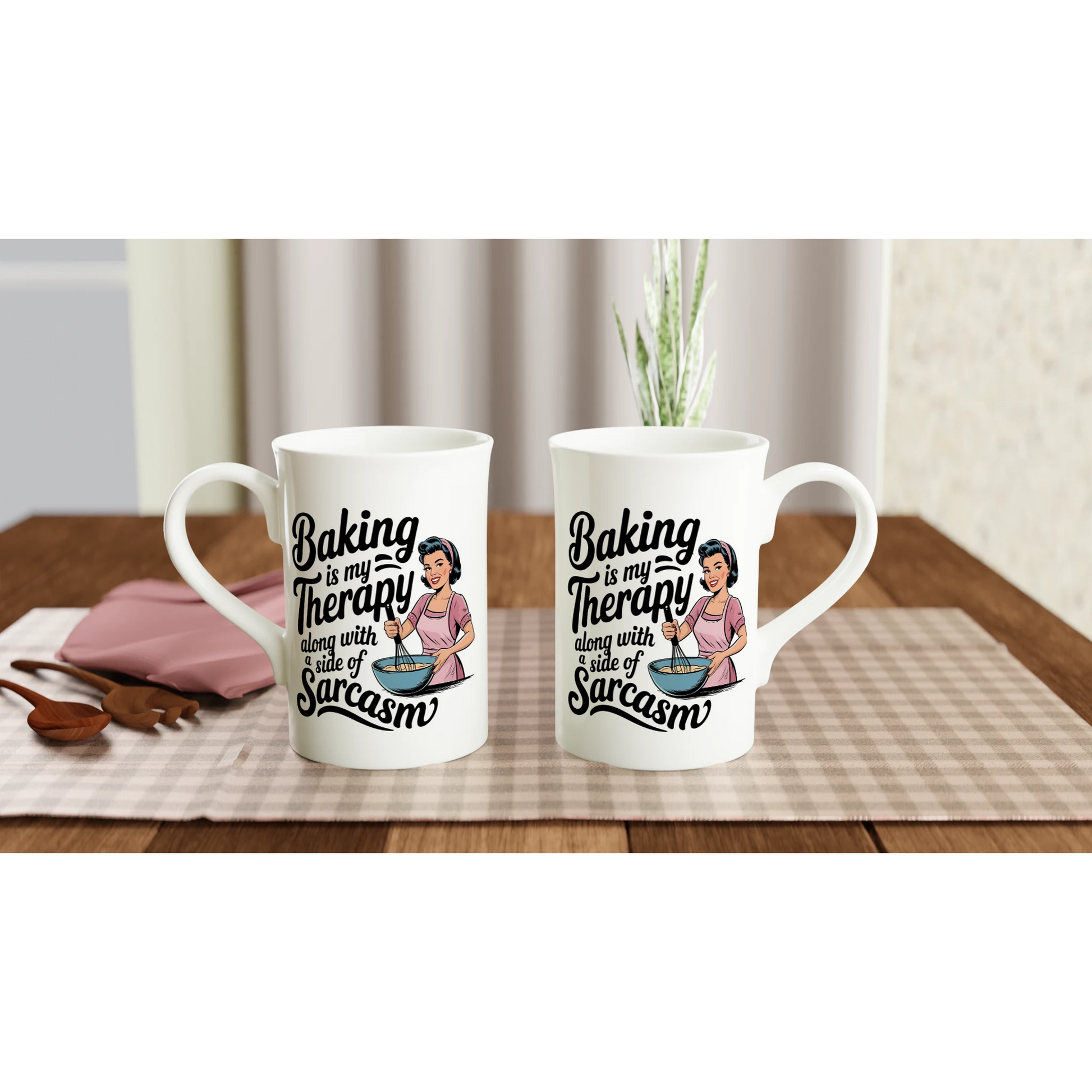Baking Is My Therapy, Along With A Side Of Sarcasm - Personalised White 10oz Porcelain Slim Mug , Retro Woman Sarcastic Vintage Housewife , Porcelain Mug
