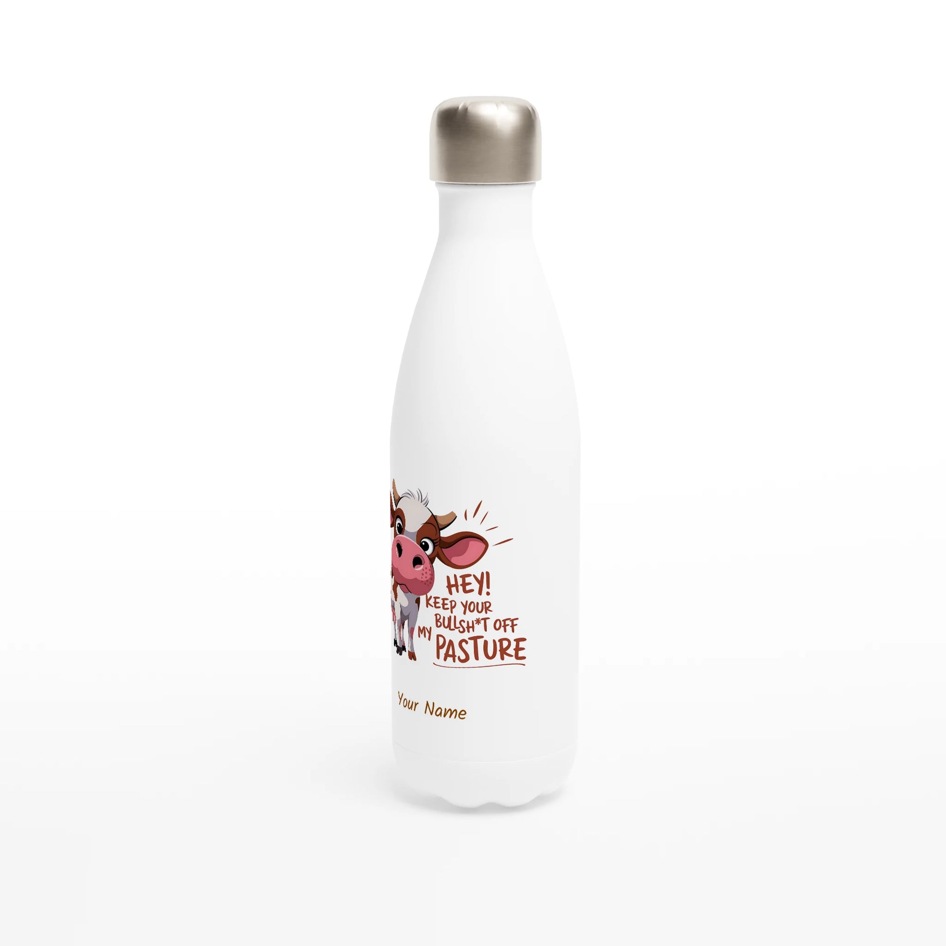 Hey, Keep Your Bull Off My Pasture - Personalised White 17oz Stainless Steel Water Bottle , Animal Sarcastic , Water Bottle