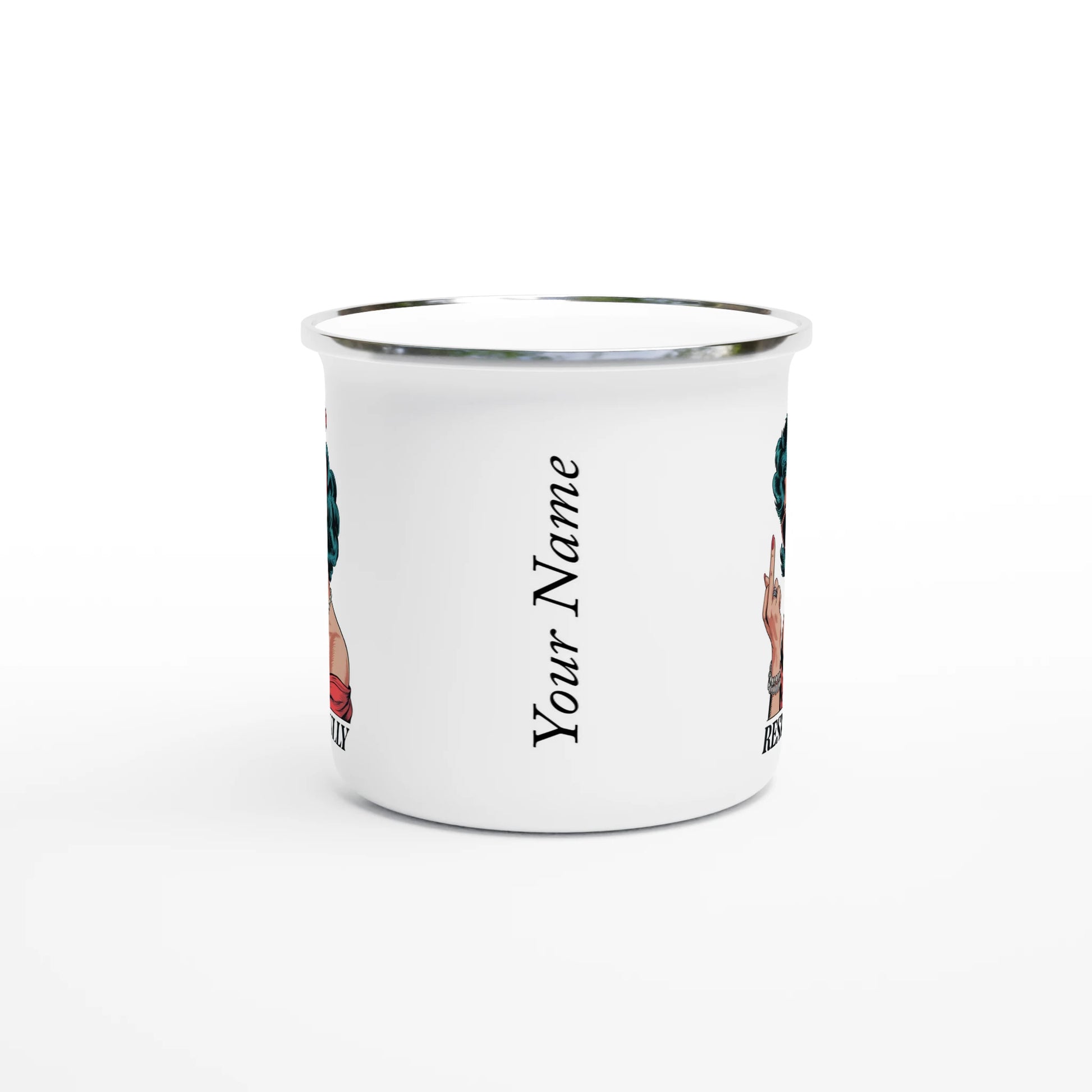 Respectfully, Retro Woman With Middle Finger - Personalised White 12oz Enamel Mug , Retro Woman Sarcastic Vintage Housewife , Enamel Mug