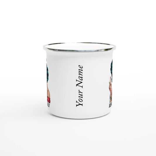 Respectfully, Retro Woman With Middle Finger - Personalised White 12oz Enamel Mug , Retro Woman Sarcastic Vintage Housewife , Enamel Mug