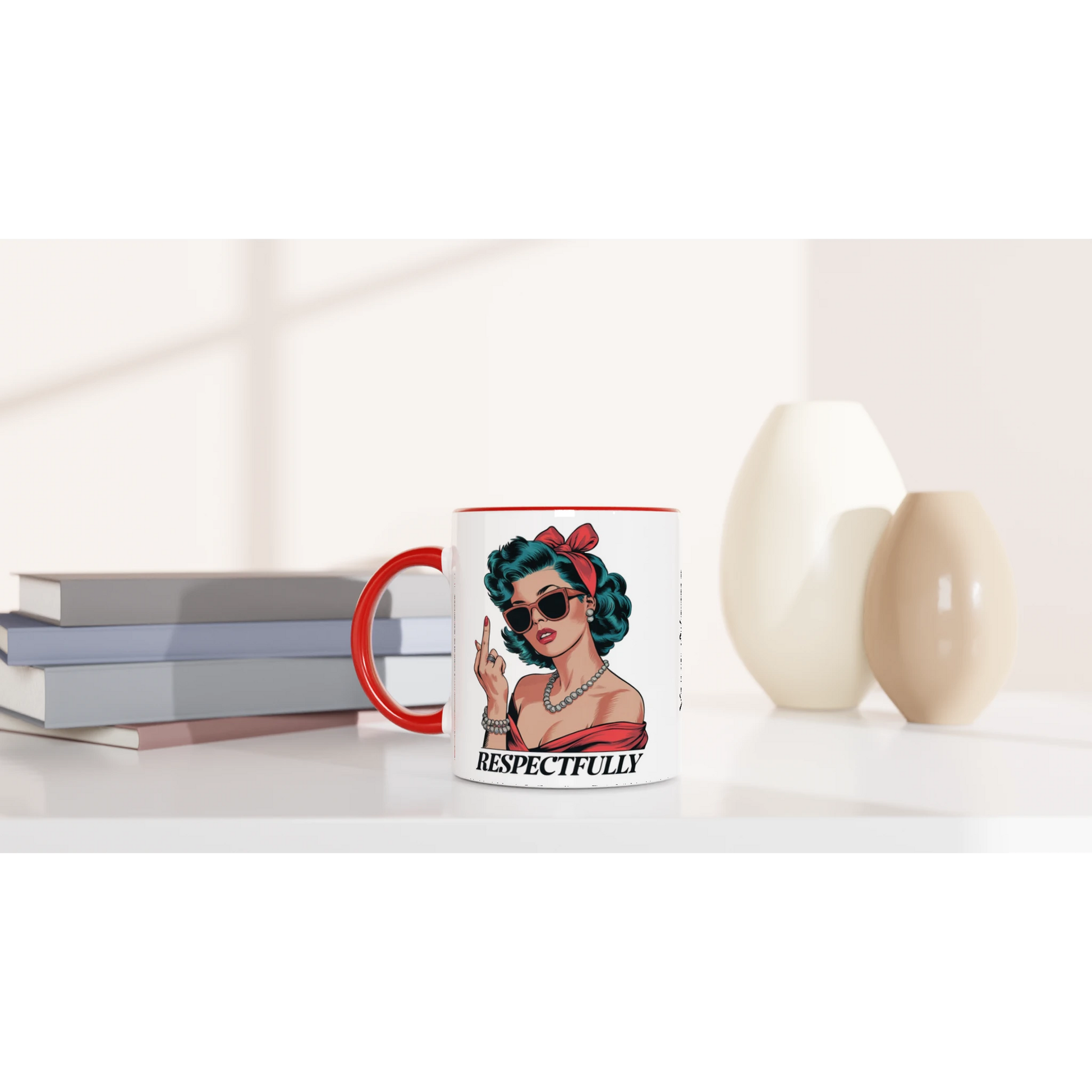Respectfully, Retro Woman With Middle Finger - Personalised 11oz Ceramic Mug , Retro Woman Sarcastic Vintage Housewife , 11oz Mug