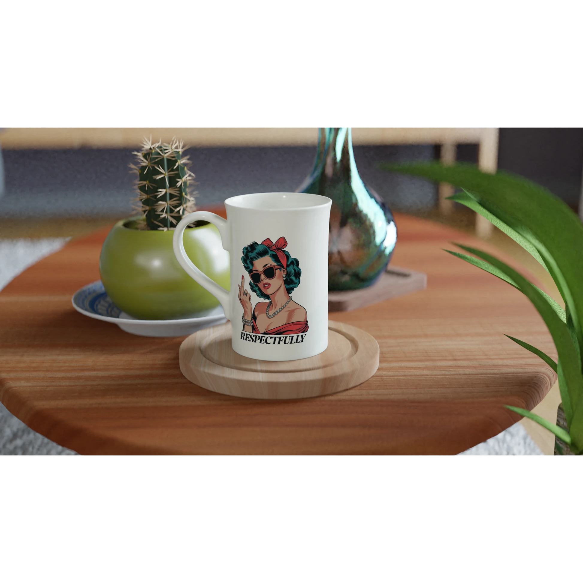 Respectfully, Retro Woman With Middle Finger - Personalised White 10oz Porcelain Slim Mug , Retro Woman Sarcastic Vintage Housewife , Porcelain Mug