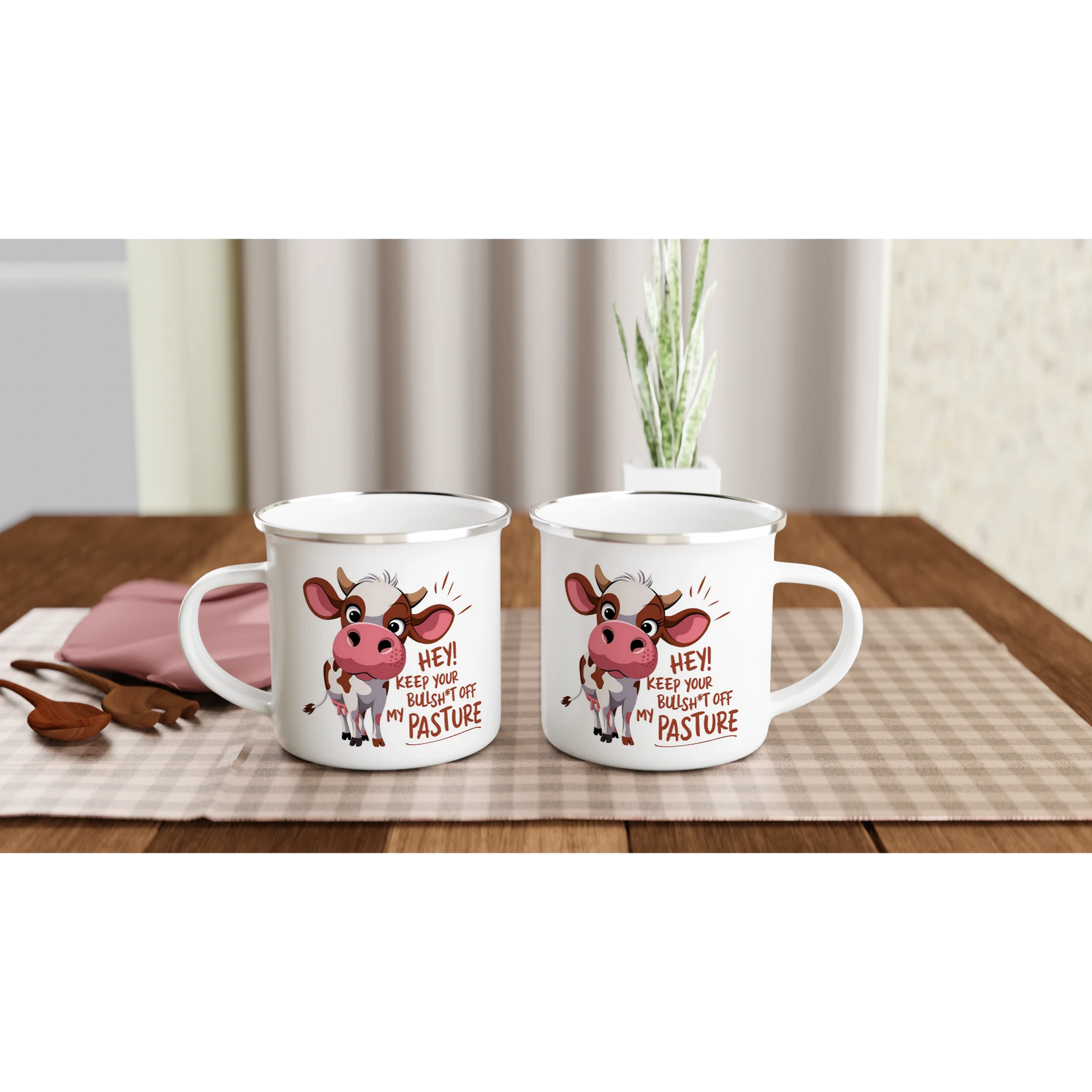 Hey, Keep Your Bull Off My Pasture - Personalised White 12oz Enamel Mug , Animal Sarcastic , Enamel Mug