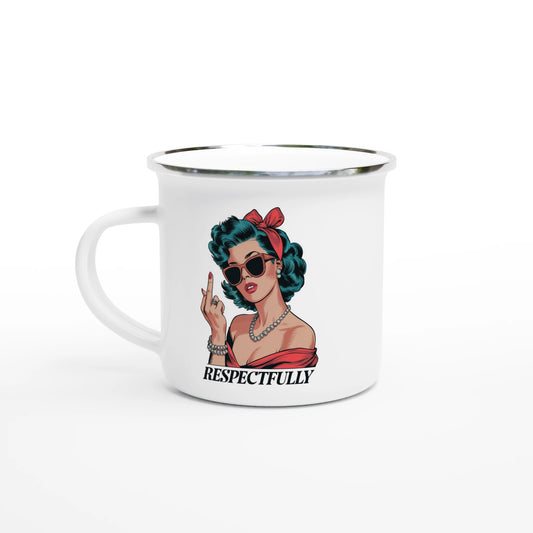 Respectfully, Retro Woman With Middle Finger - Personalised White 12oz Enamel Mug Default Title , Retro Woman Sarcastic Vintage Housewife , Enamel Mug