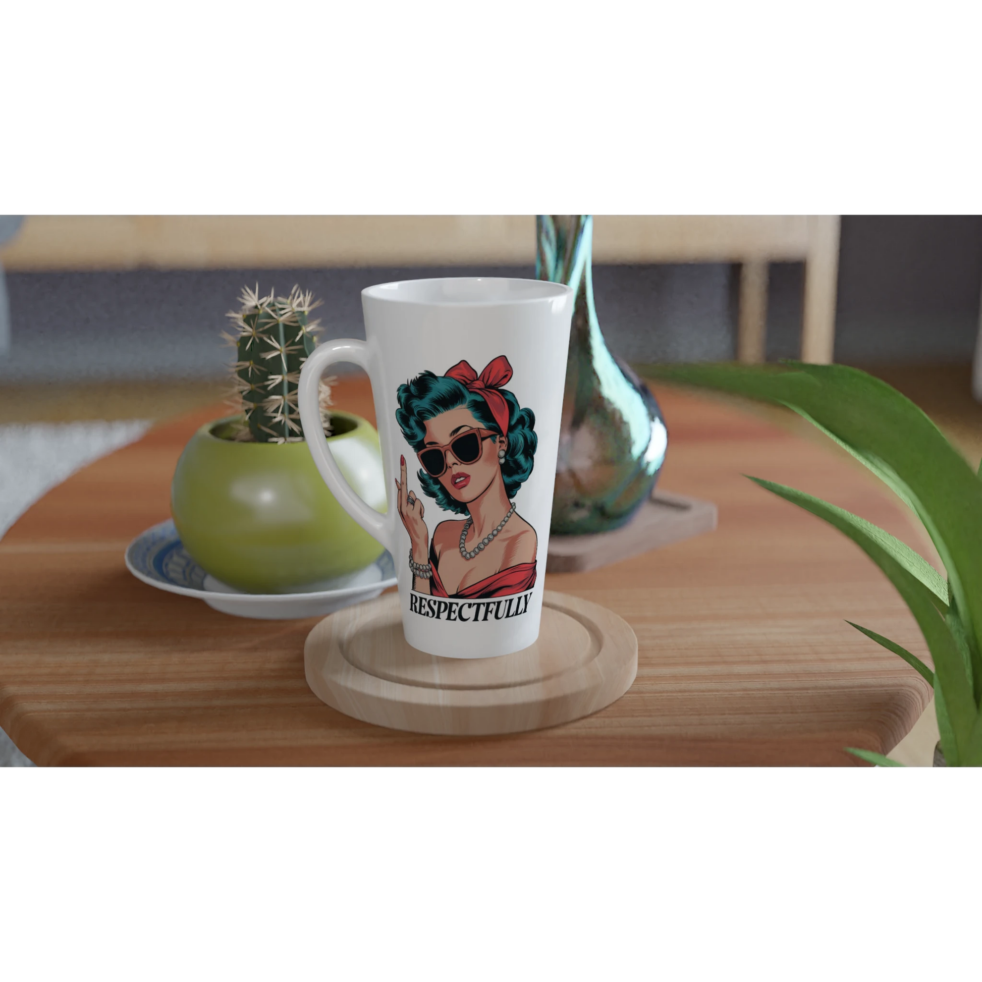 Respectfully, Retro Woman With Middle Finger - Personalised White Latte 17oz Ceramic Mug , Retro Woman Sarcastic Vintage Housewife , Latte Mug