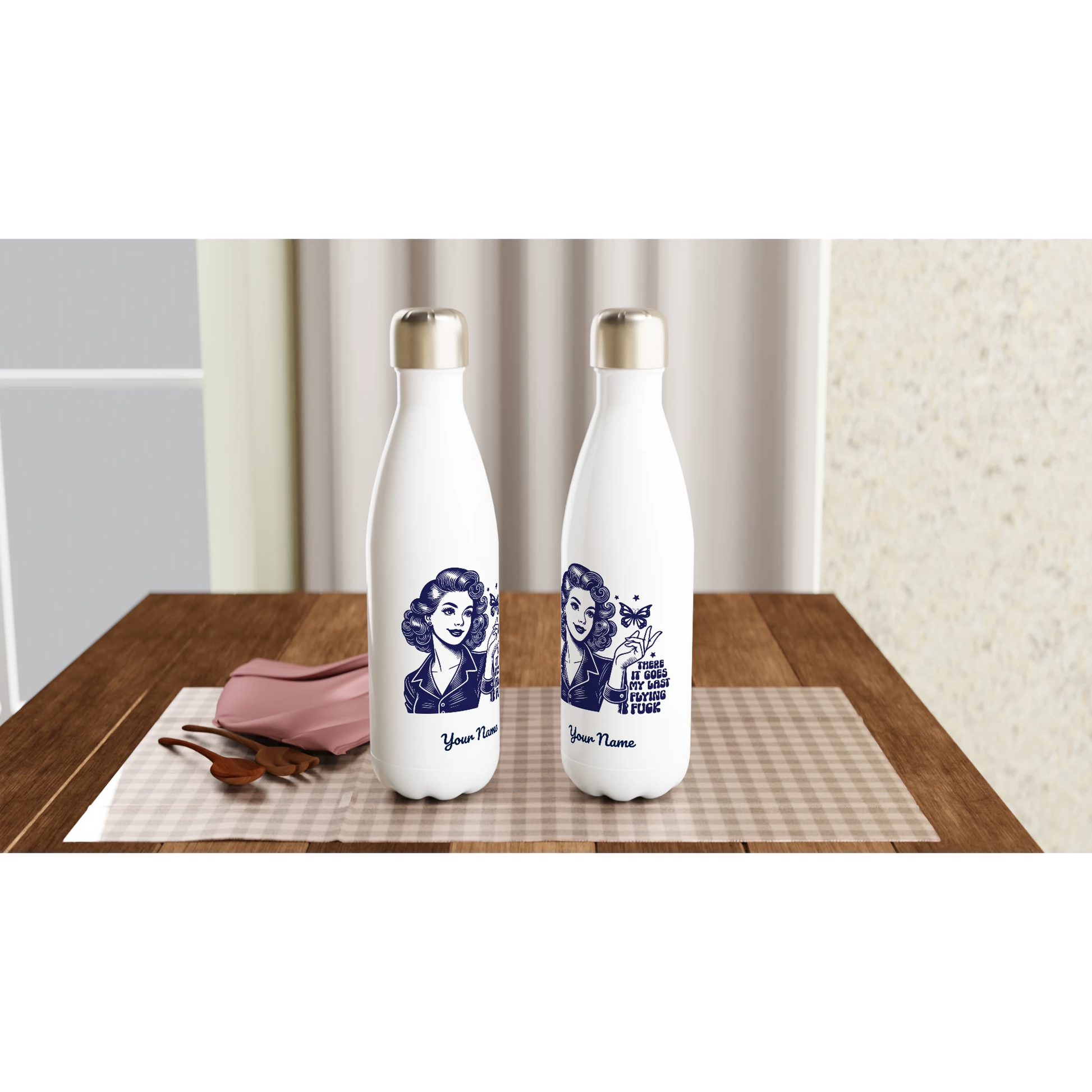 There Goes My Last Flying - Personalised White 17oz Stainless Steel Water Bottle , Retro Woman Sarcastic Vintage Housewife , Water Bottle