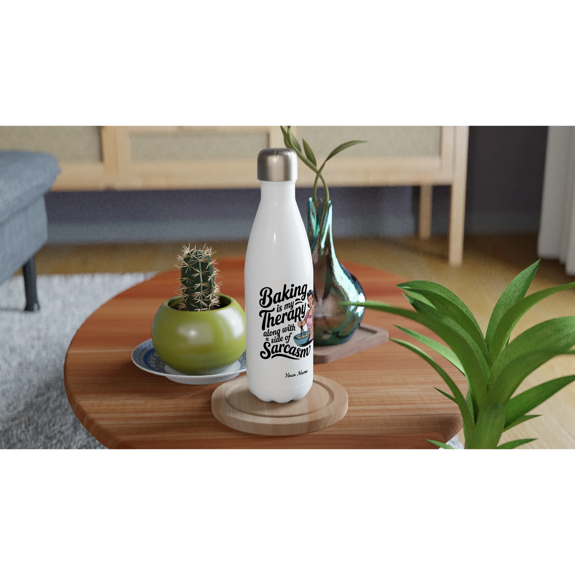 Baking Is My Therapy, Along With A Side Of Sarcasm - Personalised White 17oz Stainless Steel Water Bottle , Retro Woman Sarcastic Vintage Housewife , Water Bottle