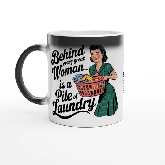 Behind Every Great Woman Is A Pile Of Laundry - Personalised Magic 11oz Ceramic Mug Default Title , Retro Woman Sarcastic Vintage Housewife , Magic Mug
