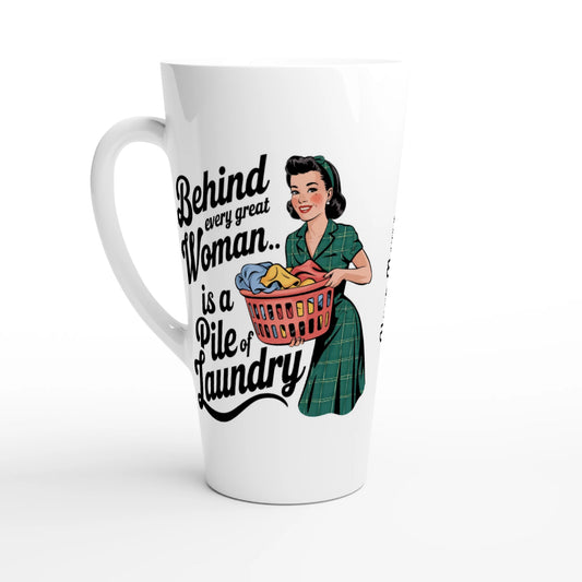 Behind Every Great Woman Is A Pile Of Laundry - Personalised White Latte 17oz Ceramic Mug Default Title , Retro Woman Sarcastic Vintage Housewife , Latte Mug