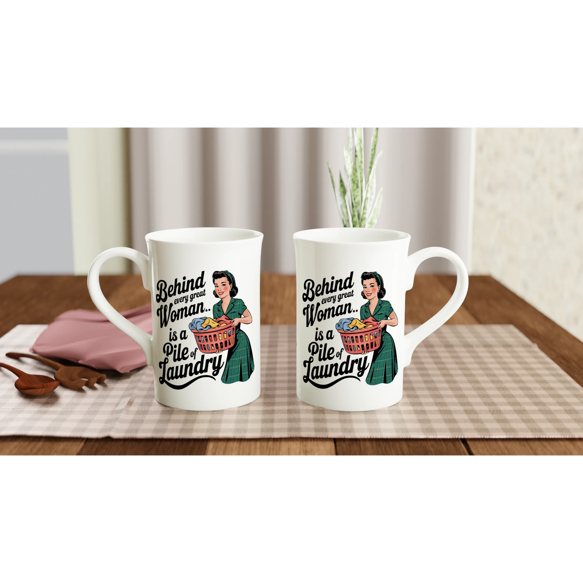 Behind Every Great Woman Is A Pile Of Laundry - Personalised White 10oz Porcelain Slim Mug , Retro Woman Sarcastic Vintage Housewife , Porcelain Mug