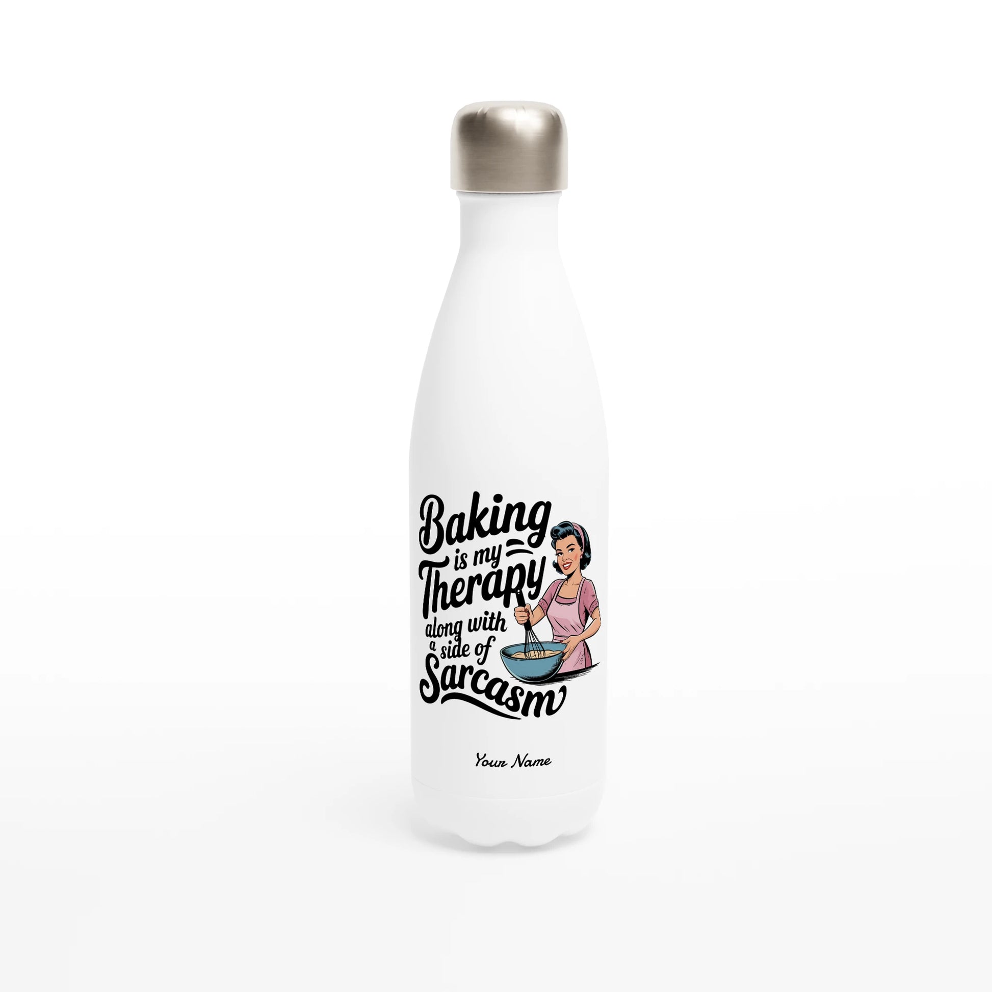 Baking Is My Therapy, Along With A Side Of Sarcasm - Personalised White 17oz Stainless Steel Water Bottle Default Title , Retro Woman Sarcastic Vintage Housewife , Water Bottle