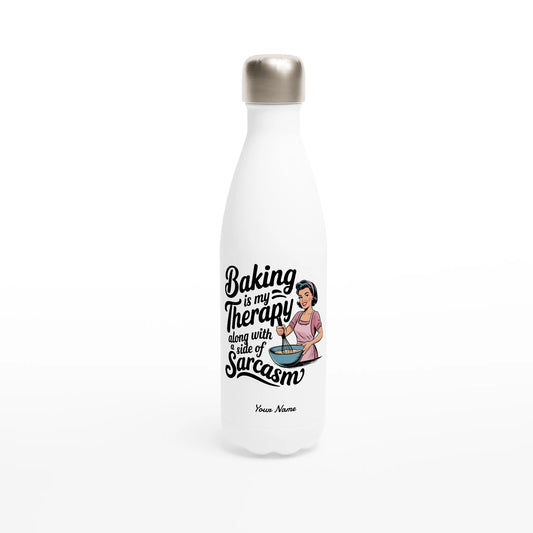 Baking Is My Therapy, Along With A Side Of Sarcasm - Personalised White 17oz Stainless Steel Water Bottle Default Title , Retro Woman Sarcastic Vintage Housewife , Water Bottle
