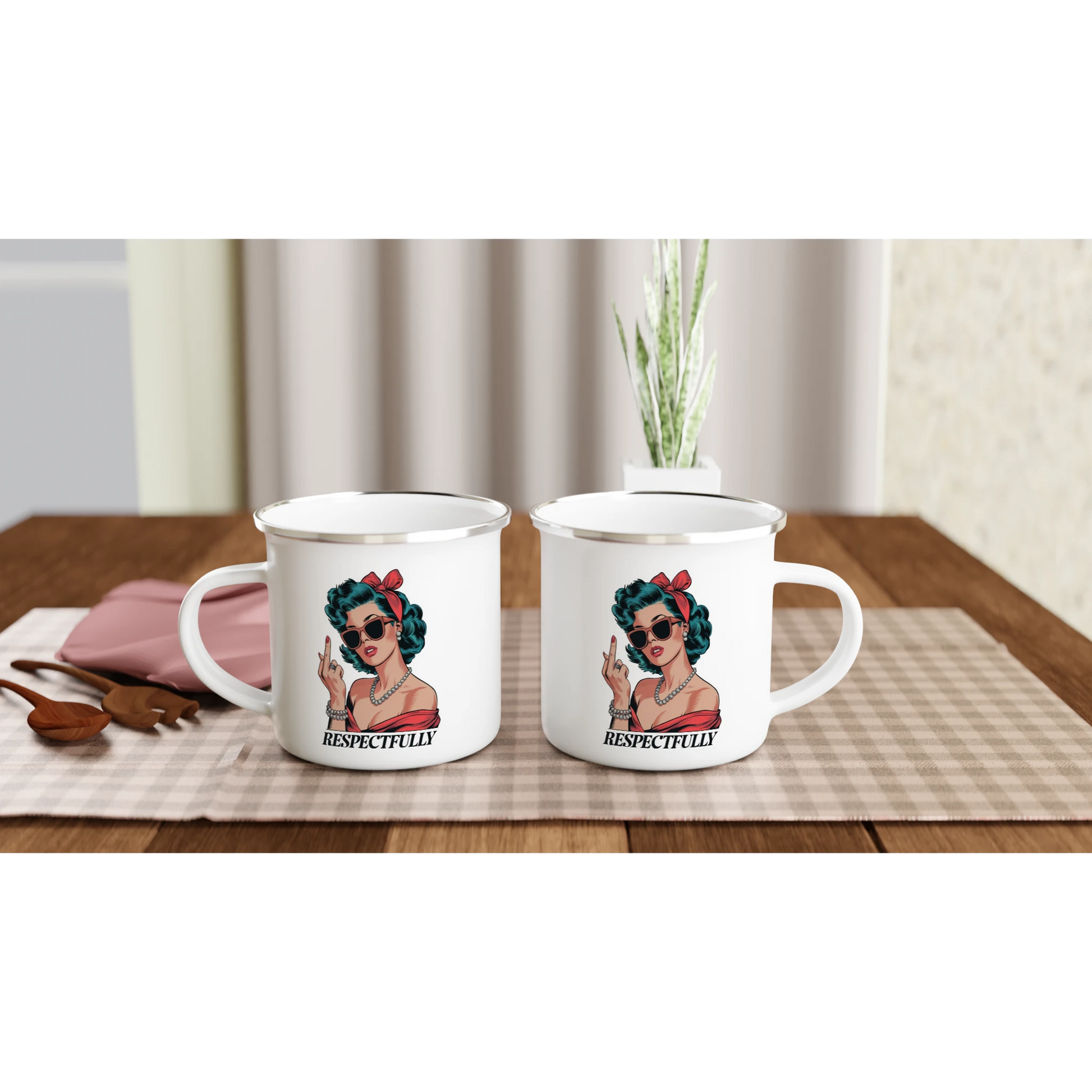 Respectfully, Retro Woman With Middle Finger - Personalised White 12oz Enamel Mug , Retro Woman Sarcastic Vintage Housewife , Enamel Mug