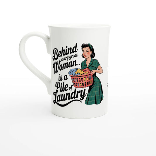 Behind Every Great Woman Is A Pile Of Laundry - Personalised White 10oz Porcelain Slim Mug Default Title , Retro Woman Sarcastic Vintage Housewife , Porcelain Mug