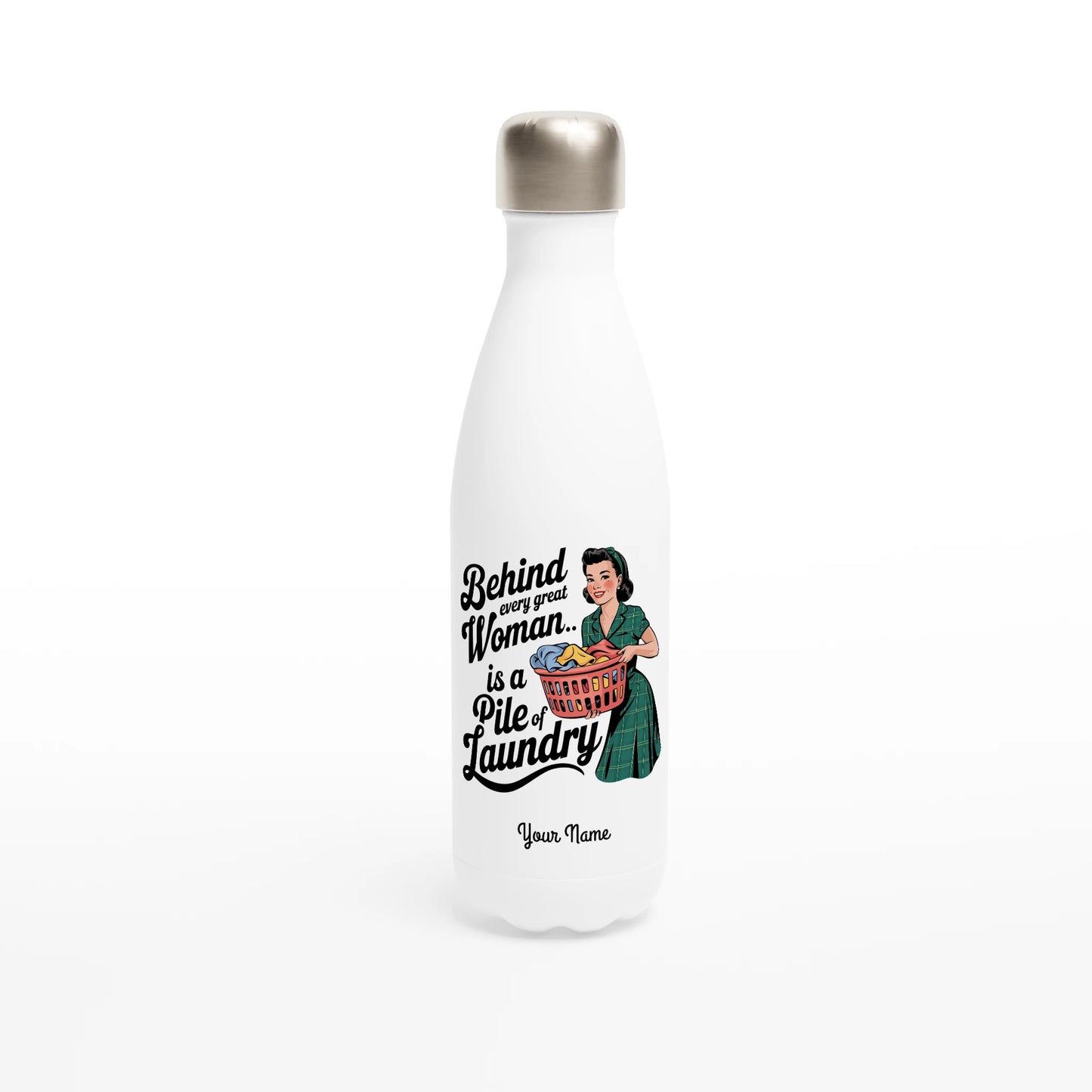 Behind Every Great Woman Is A Pile Of Laundry - Personalised White 17oz Stainless Steel Water Bottle Default Title , Retro Woman Sarcastic Vintage Housewife , Water Bottle