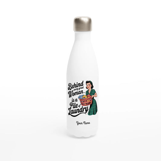 Behind Every Great Woman Is A Pile Of Laundry - Personalised White 17oz Stainless Steel Water Bottle Default Title , Retro Woman Sarcastic Vintage Housewife , Water Bottle