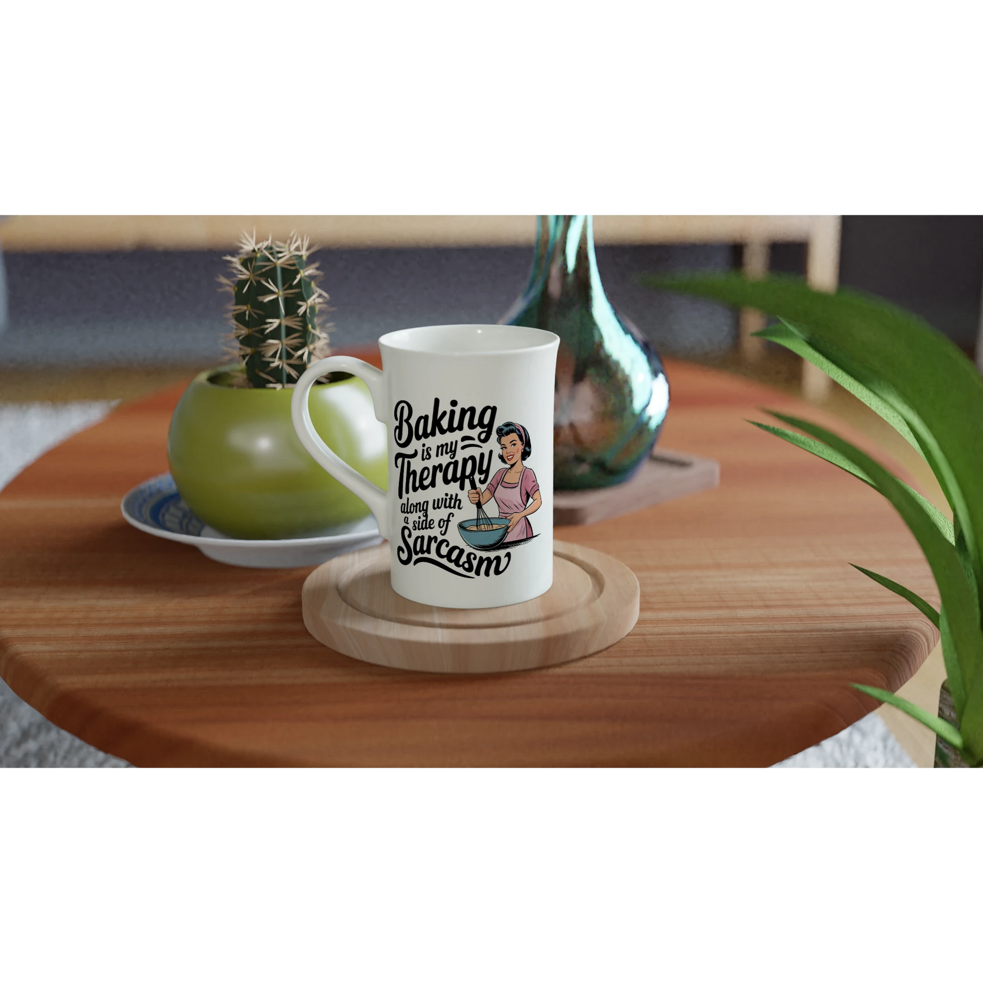 Baking Is My Therapy, Along With A Side Of Sarcasm - Personalised White 10oz Porcelain Slim Mug , Retro Woman Sarcastic Vintage Housewife , Porcelain Mug