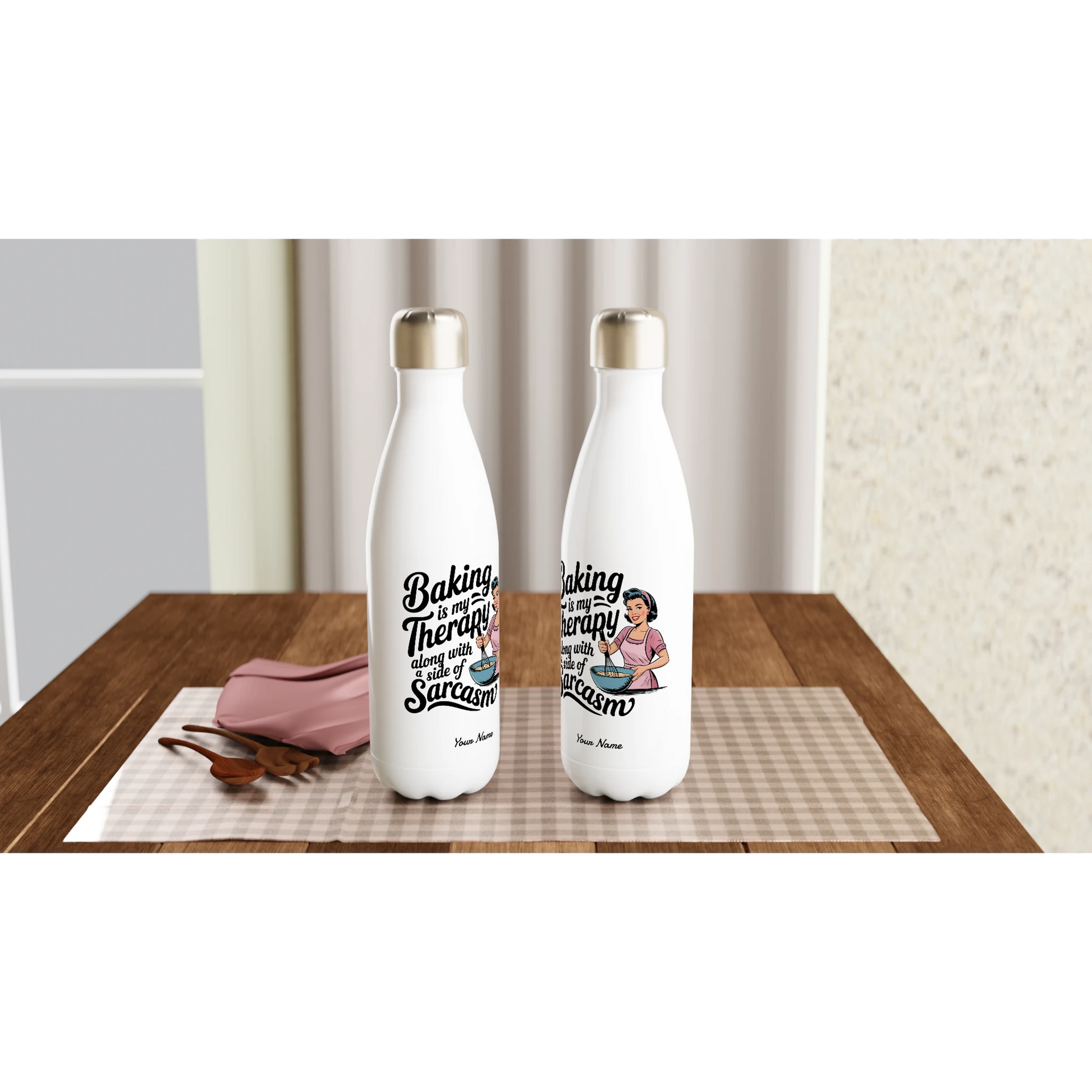 Baking Is My Therapy, Along With A Side Of Sarcasm - Personalised White 17oz Stainless Steel Water Bottle , Retro Woman Sarcastic Vintage Housewife , Water Bottle