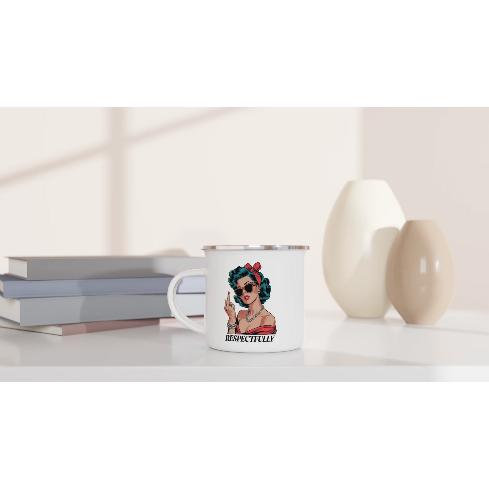 Respectfully, Retro Woman With Middle Finger - Personalised White 12oz Enamel Mug , Retro Woman Sarcastic Vintage Housewife , Enamel Mug