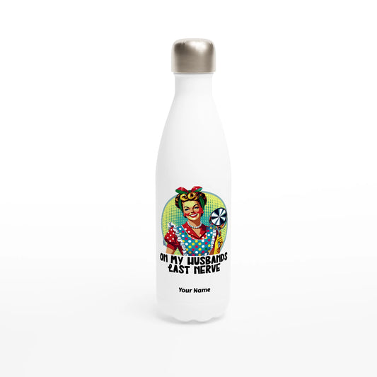 On My Husbands Last Nerve - Personalised White 17oz Stainless Steel Water Bottle Default Title , Retro Woman Sarcastic Vintage Housewife , Water Bottle