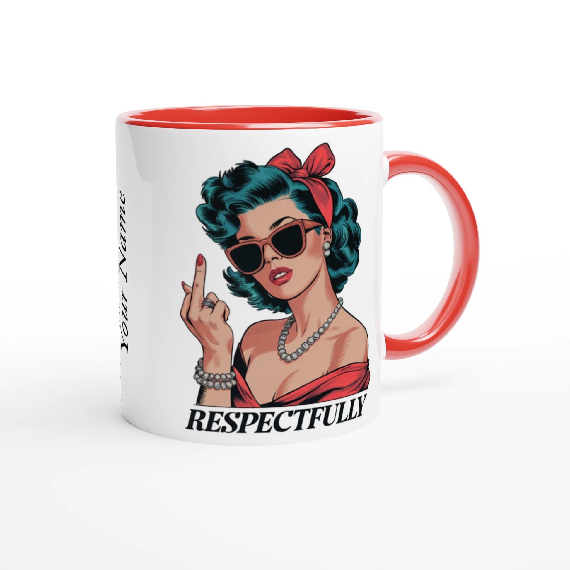 Respectfully, Retro Woman With Middle Finger - Personalised 11oz Ceramic Mug , Retro Woman Sarcastic Vintage Housewife , 11oz Mug