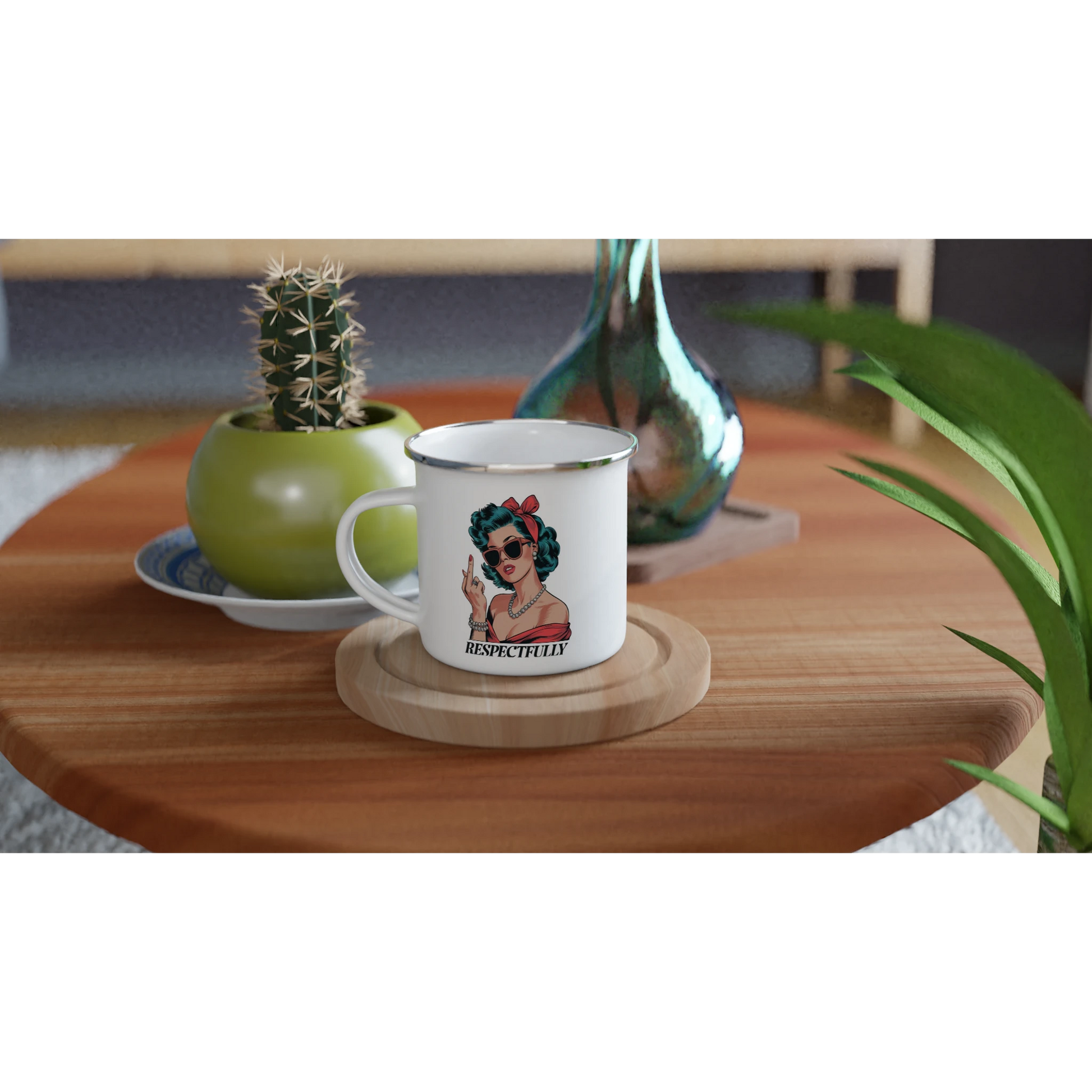 Respectfully, Retro Woman With Middle Finger - Personalised White 12oz Enamel Mug , Retro Woman Sarcastic Vintage Housewife , Enamel Mug