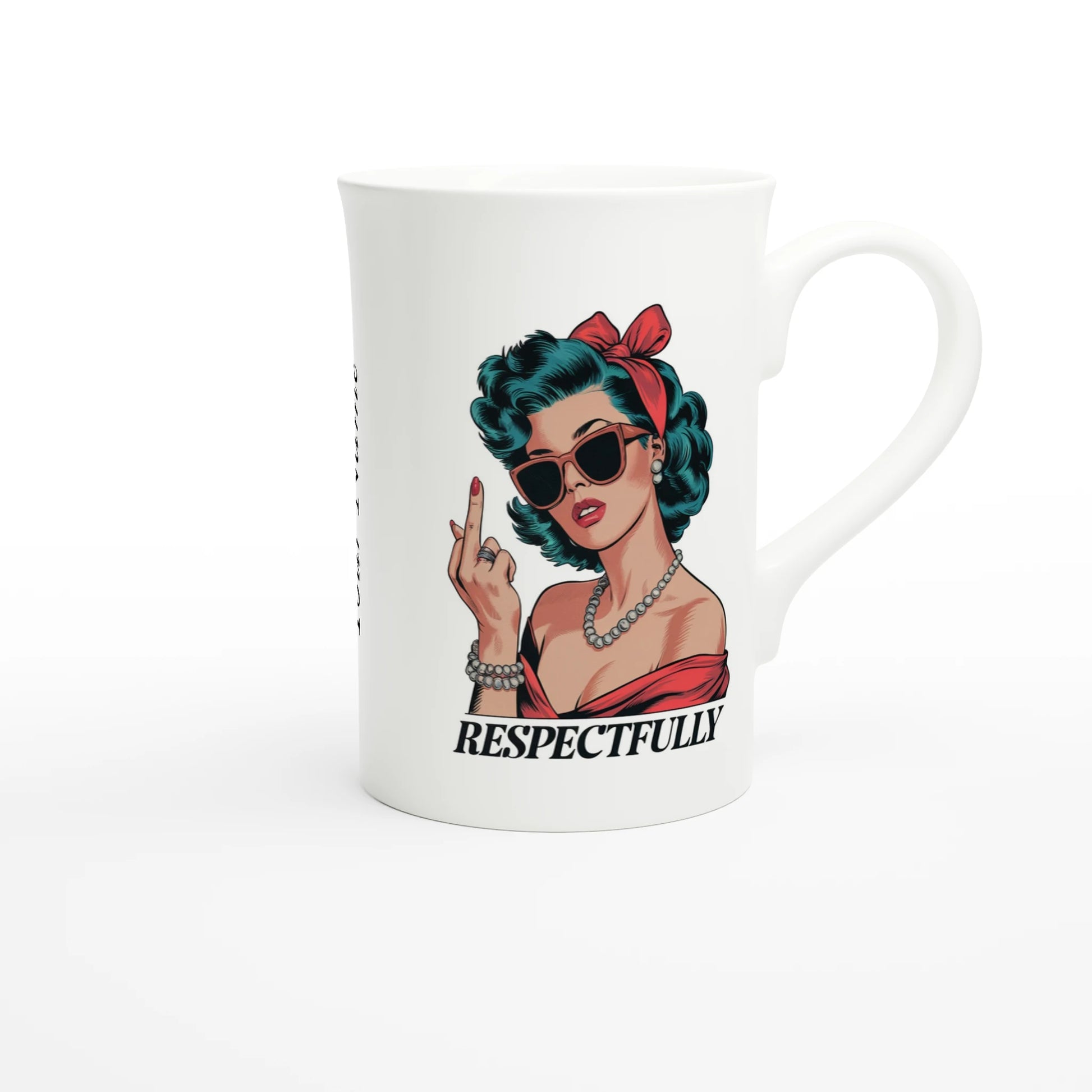 Respectfully, Retro Woman With Middle Finger - Personalised White 10oz Porcelain Slim Mug , Retro Woman Sarcastic Vintage Housewife , Porcelain Mug