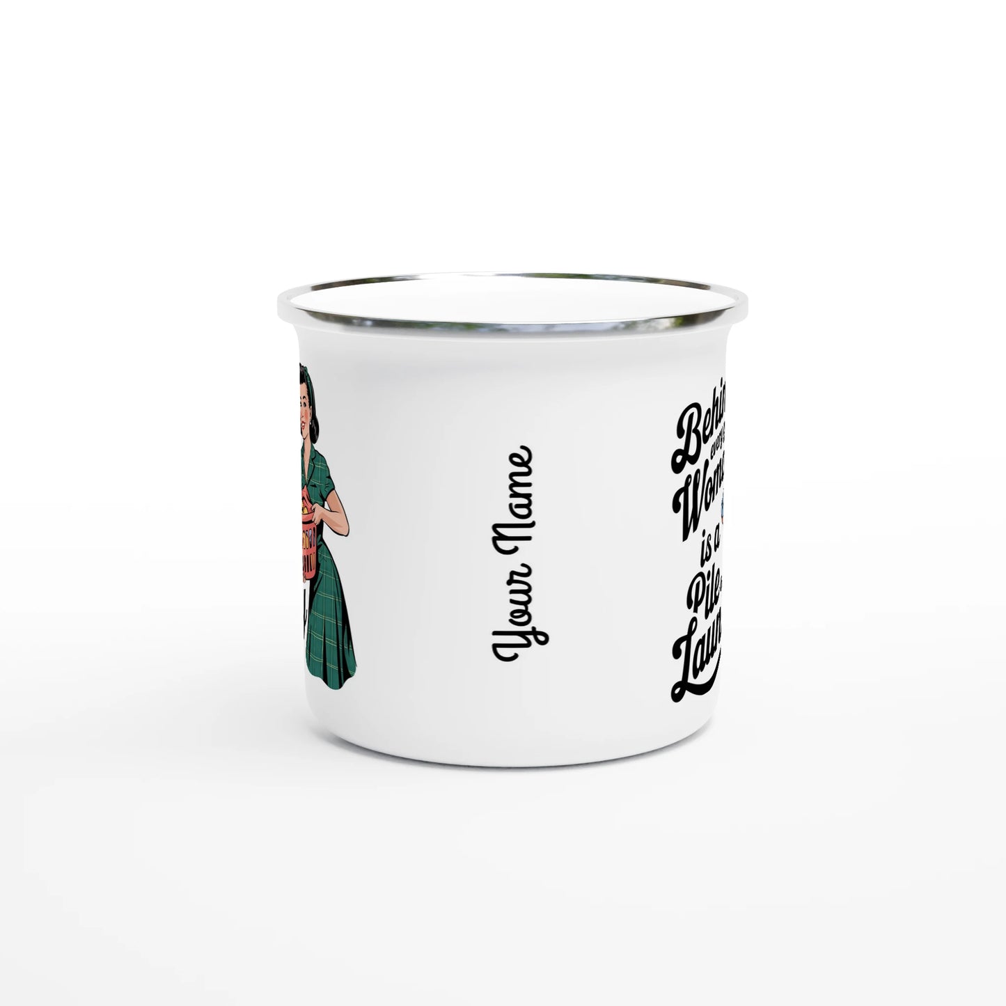 Behind Every Great Woman Is A Pile Of Laundry - Personalised White 12oz Enamel Mug , Retro Woman Sarcastic Vintage Housewife , Enamel Mug
