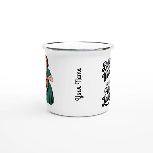 Behind Every Great Woman Is A Pile Of Laundry - Personalised White 12oz Enamel Mug , Retro Woman Sarcastic Vintage Housewife , Enamel Mug