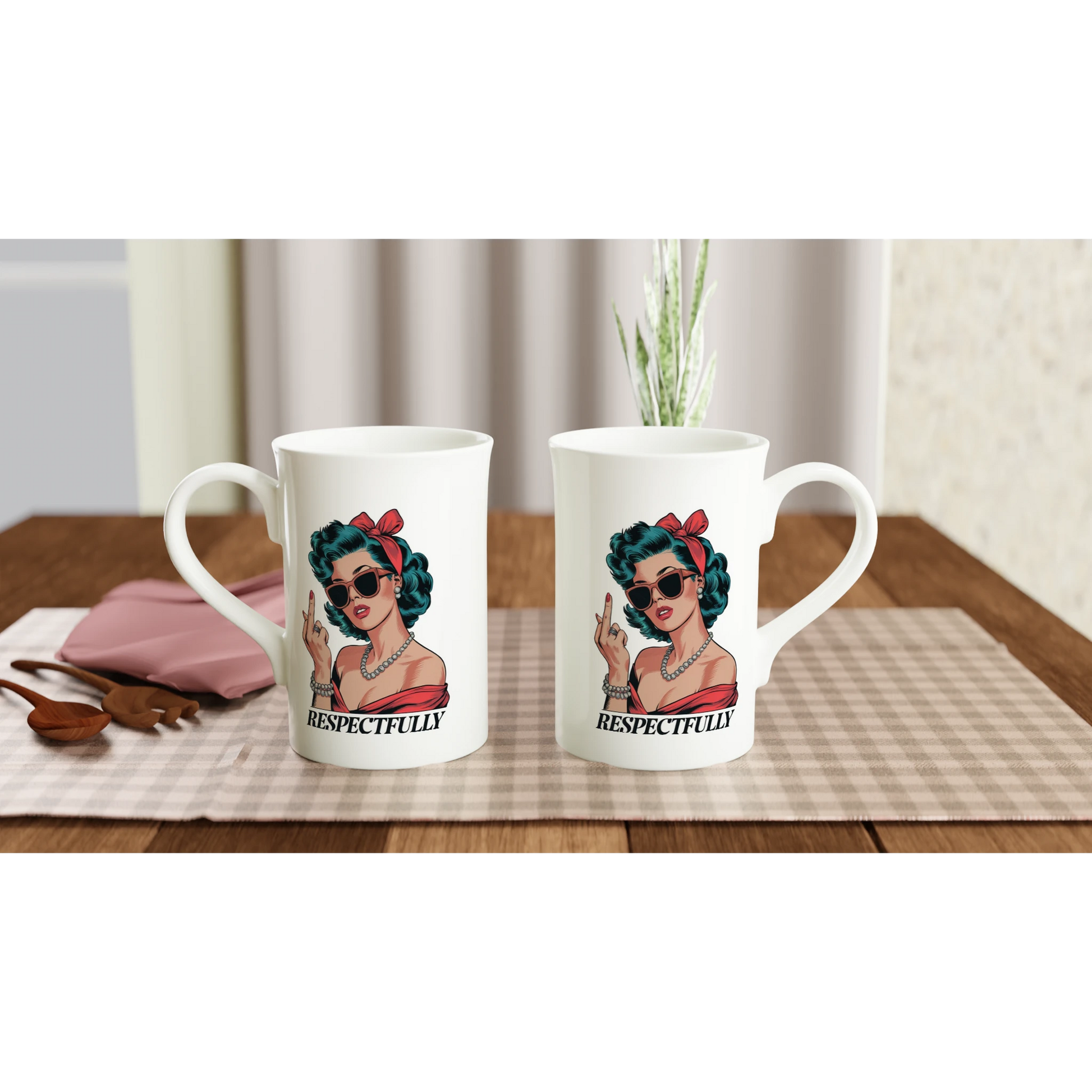 Respectfully, Retro Woman With Middle Finger - Personalised White 10oz Porcelain Slim Mug , Retro Woman Sarcastic Vintage Housewife , Porcelain Mug
