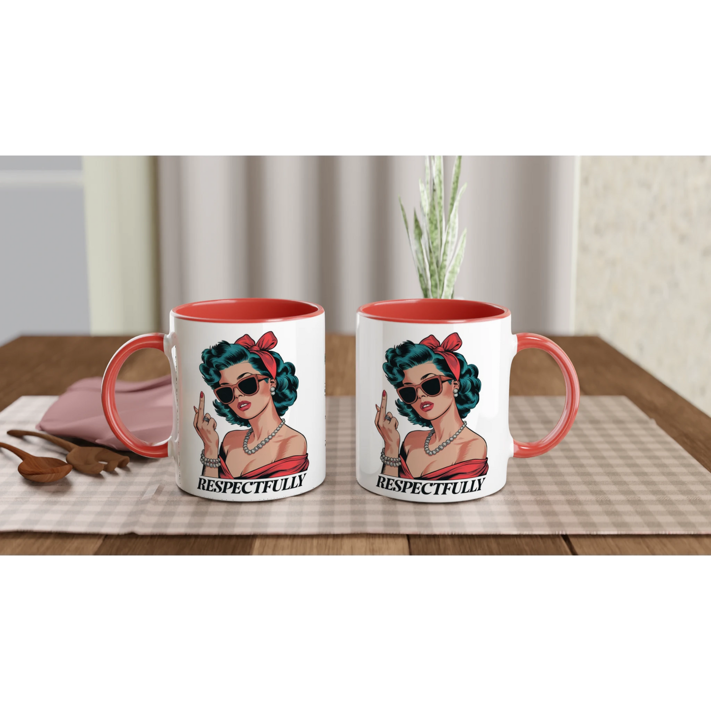 Respectfully, Retro Woman With Middle Finger - Personalised 11oz Ceramic Mug , Retro Woman Sarcastic Vintage Housewife , 11oz Mug