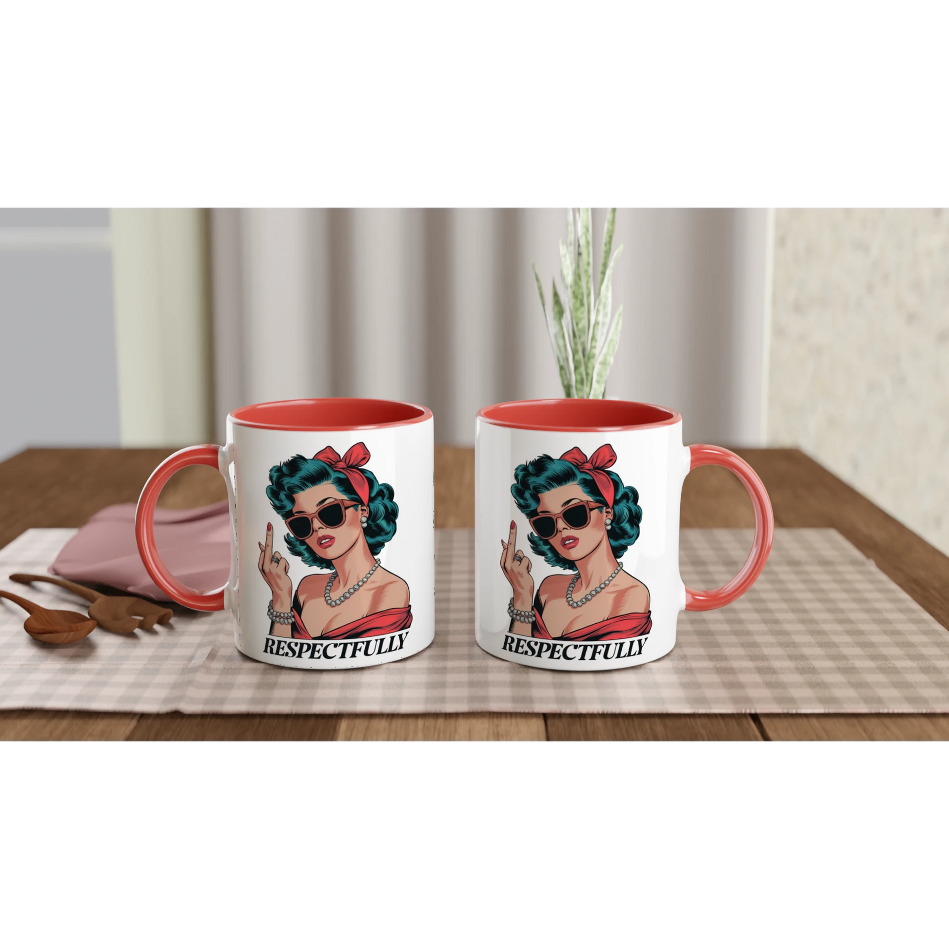 Respectfully, Retro Woman With Middle Finger - Personalised 11oz Ceramic Mug , Retro Woman Sarcastic Vintage Housewife , 11oz Mug