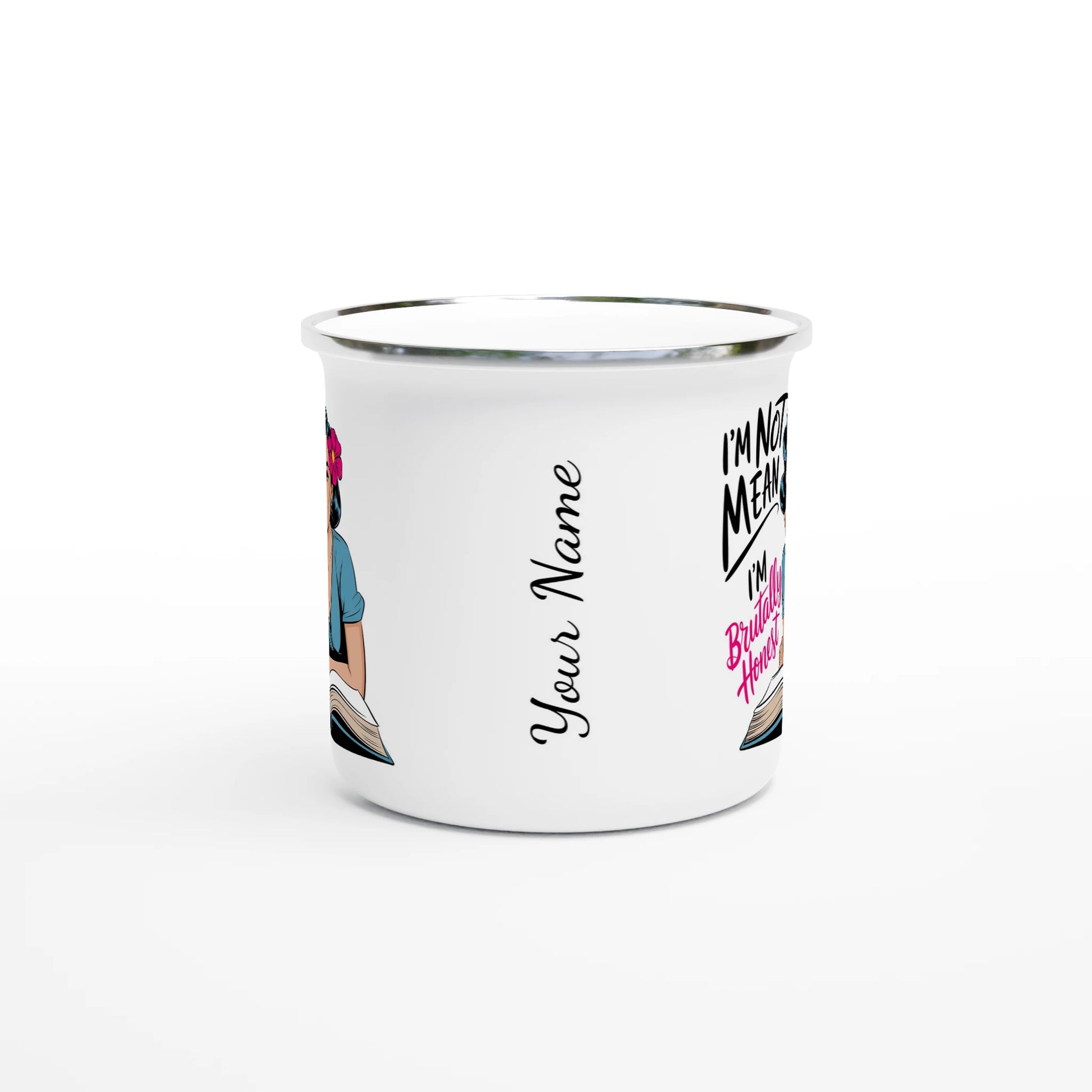 I'm Not Mean, I'm Brutally Honest - Personalised White 12oz Enamel Mug , Retro Woman Sarcastic Vintage Housewife , Enamel Mug