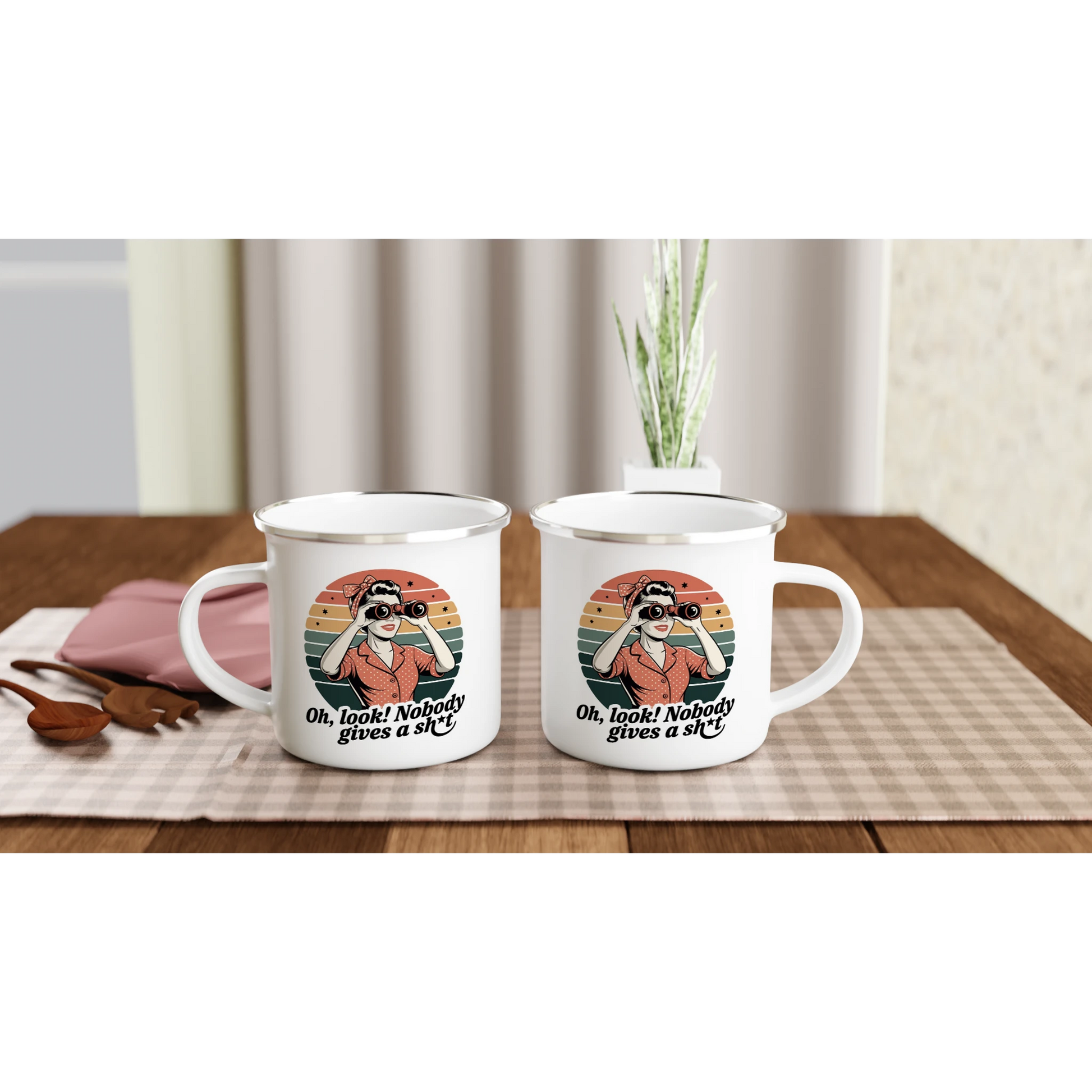 Oh Look, Nobody Gives A - Personalised White 12oz Enamel Mug , Retro Woman Sarcastic Vintage Housewife , Enamel Mug