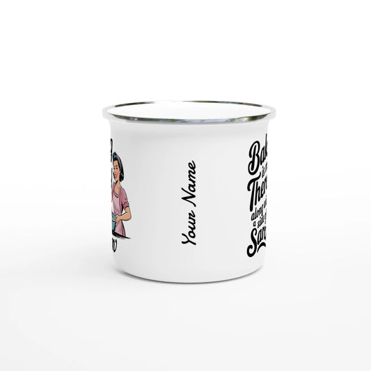 Baking Is My Therapy, Along With A Side Of Sarcasm - Personalised White 12oz Enamel Mug , Retro Woman Sarcastic Vintage Housewife , Enamel Mug